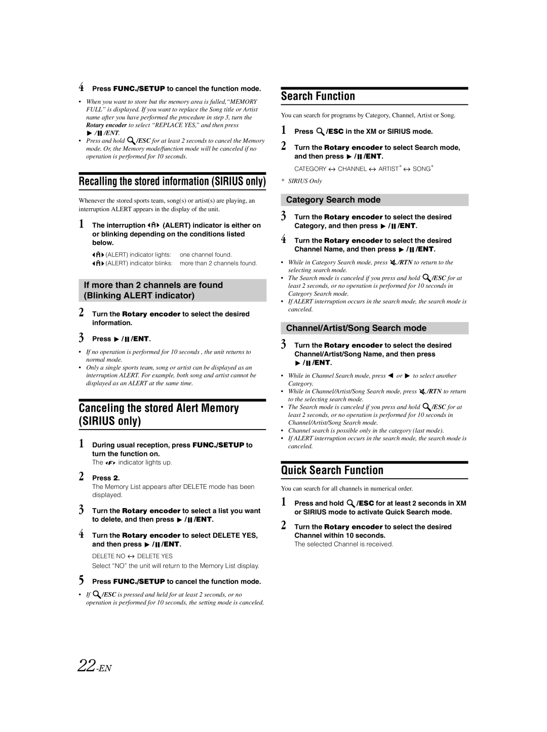 Alpine CDA-9883 owner manual Canceling the stored Alert Memory Sirius only, Quick Search Function 