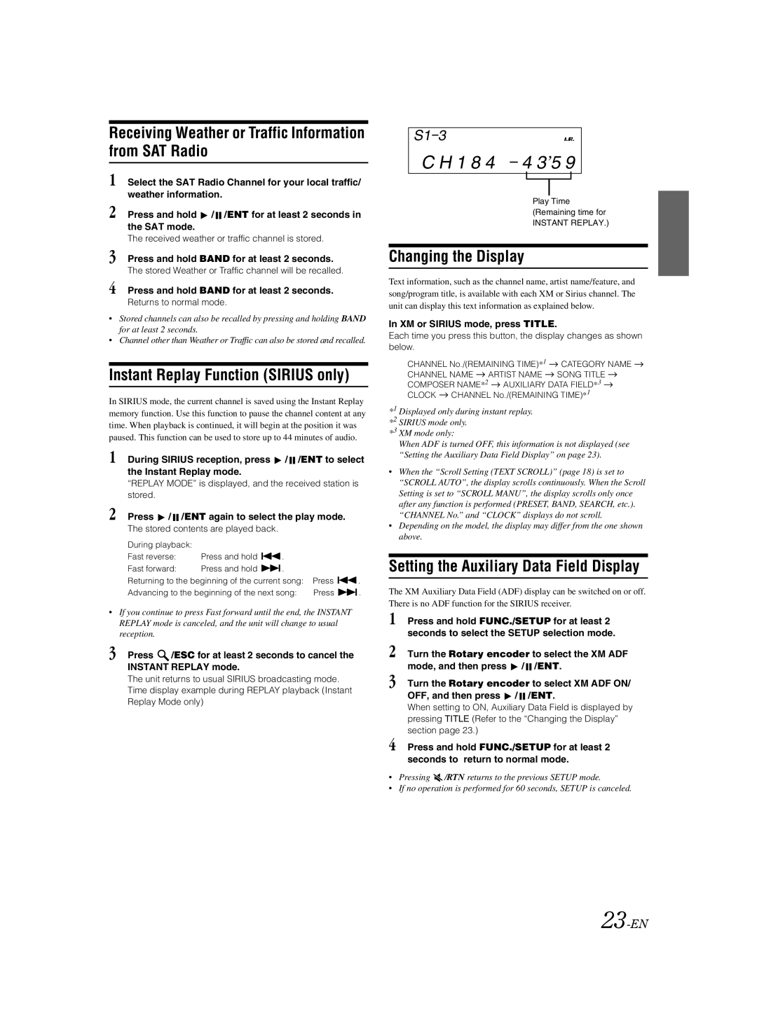 Alpine CDA-9883 Receiving Weather or Traffic Information from SAT Radio, Instant Replay Function Sirius only, 23-EN 