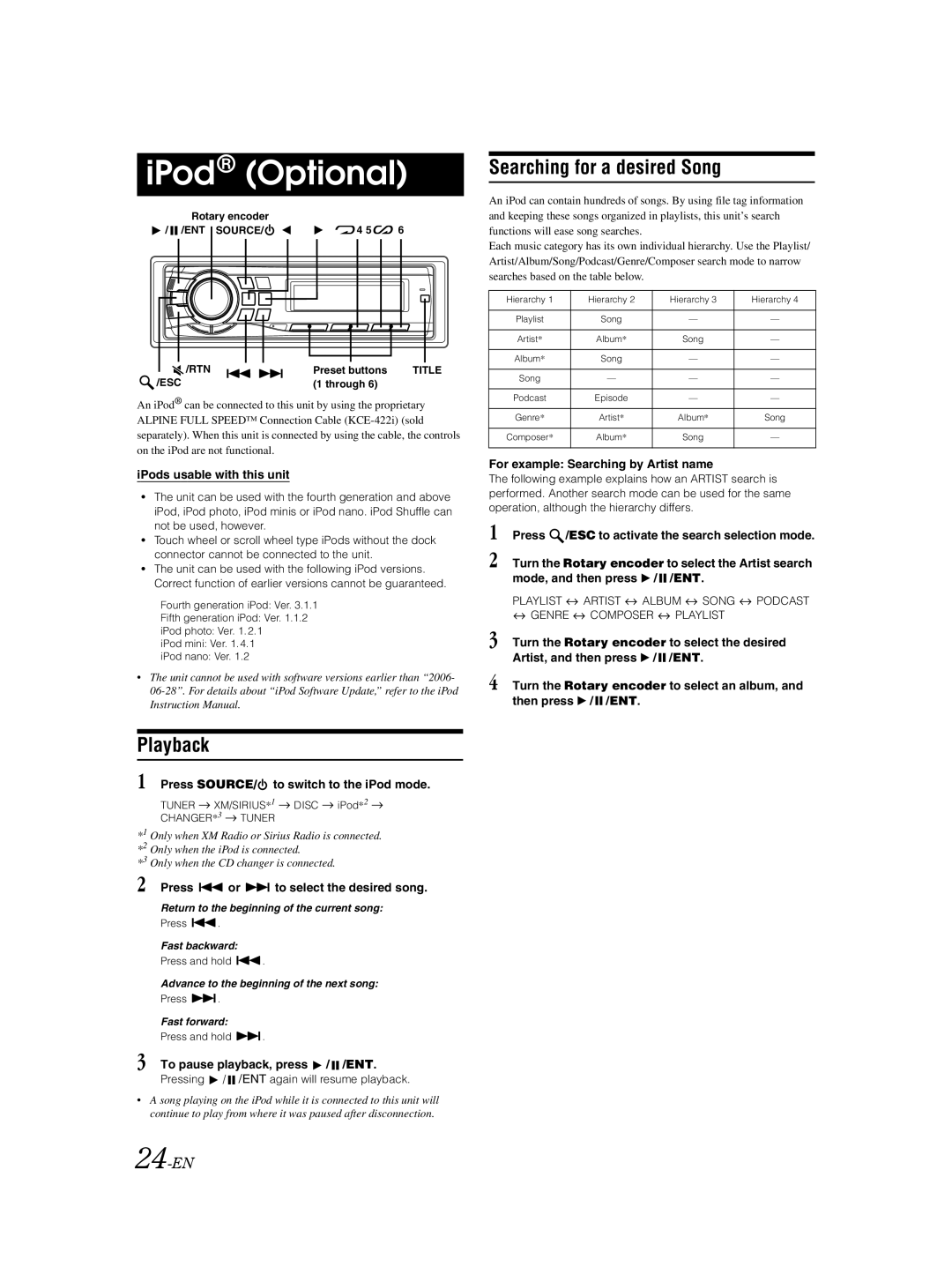 Alpine CDA-9883 owner manual IPod Optional, Searching for a desired Song, 24-EN 