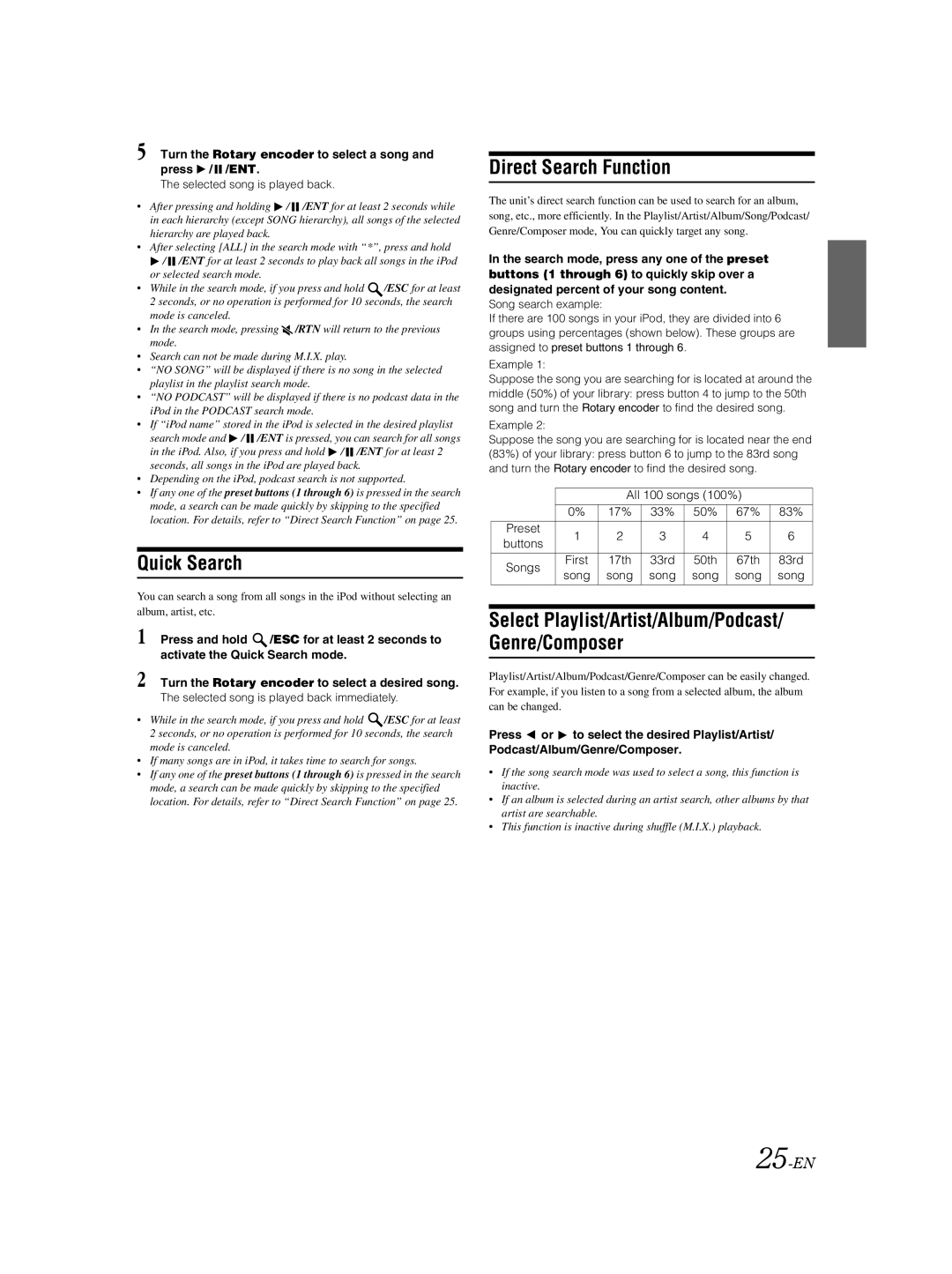 Alpine CDA-9883 owner manual Direct Search Function, 25-EN, Turn the Rotary encoder to select a song and press / /ENT 