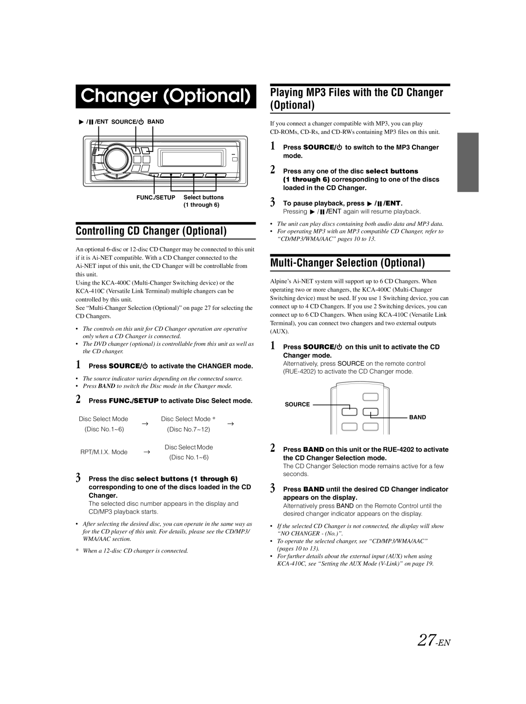 Alpine CDA-9883 owner manual Controlling CD Changer Optional, Playing MP3 Files with the CD Changer Optional, 27-EN 