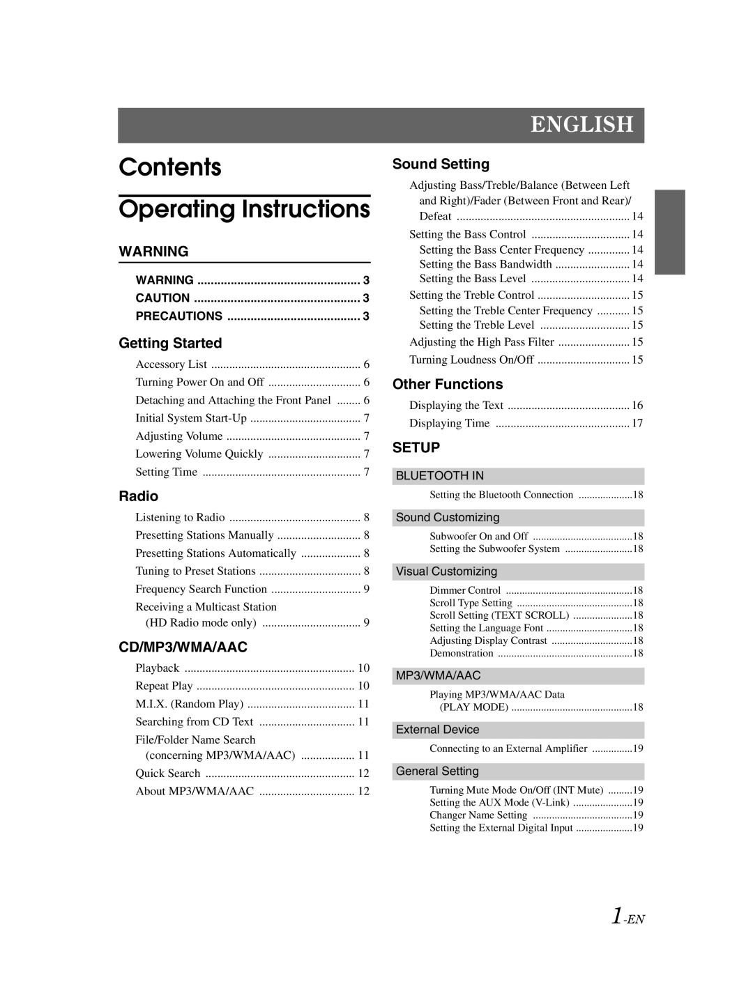 Alpine CDA-9883 owner manual Contents Operating Instructions 