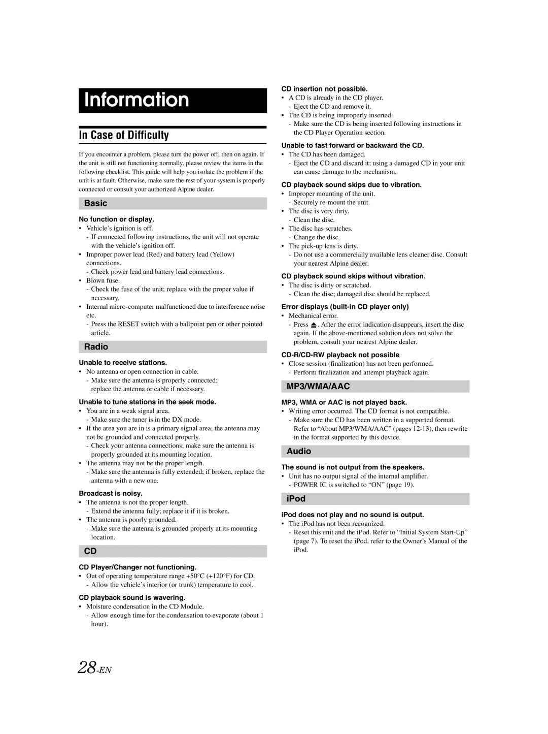 Alpine CDA-9883 owner manual Information, Case of Difficulty 