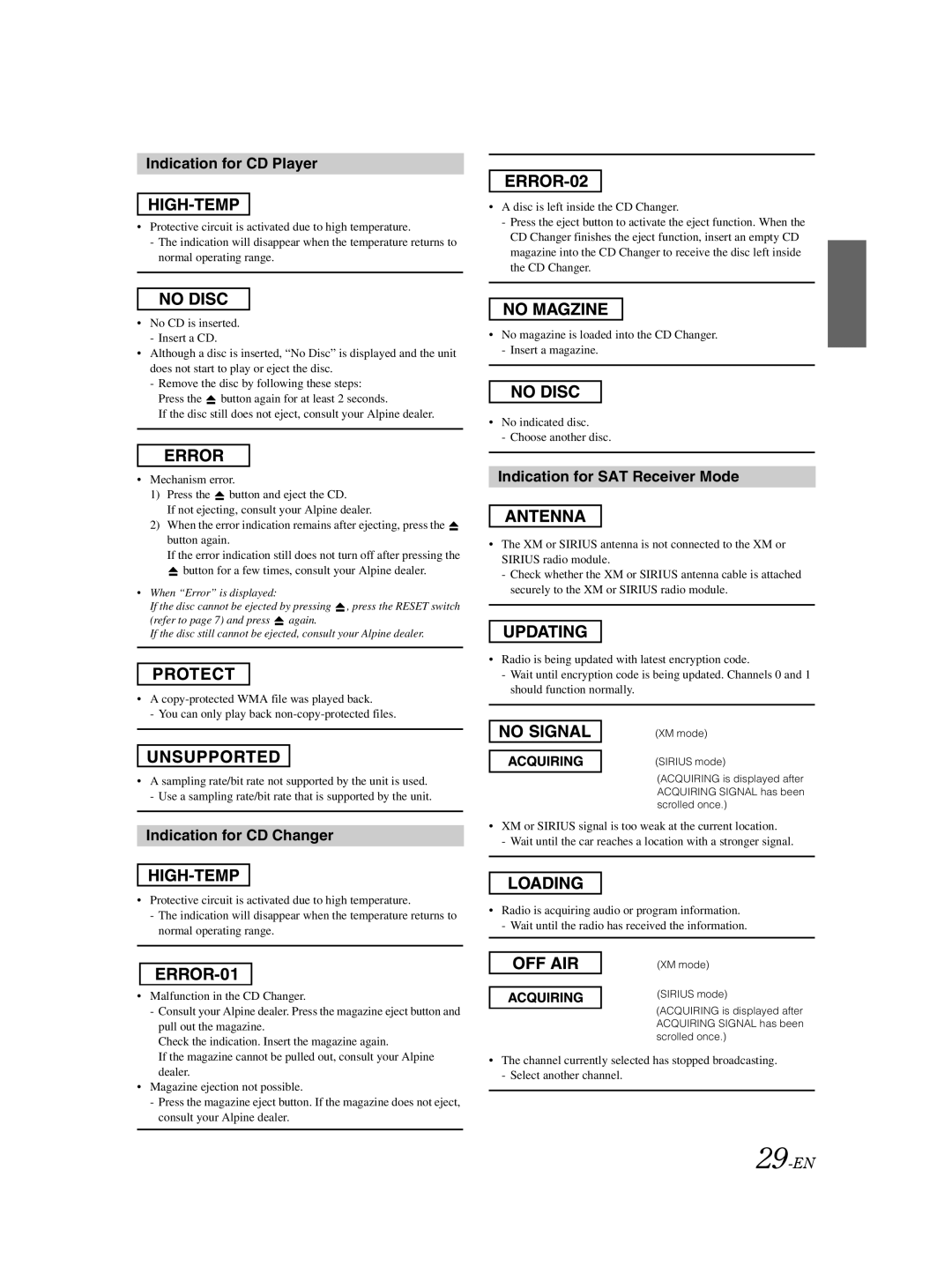 Alpine CDA-9883 owner manual Indication for CD Player, Indication for CD Changer, Indication for SAT Receiver Mode, 29-EN 