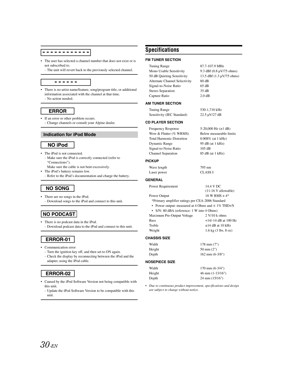 Alpine CDA-9883 owner manual Specifications, Indication for iPod Mode, 30-EN 