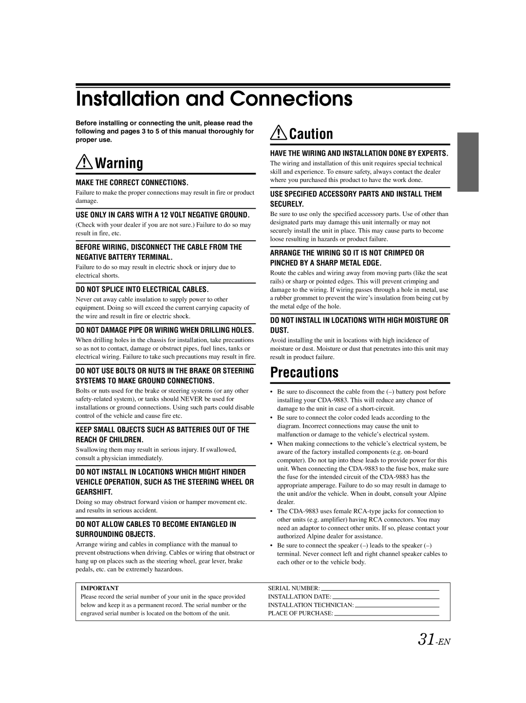 Alpine CDA-9883 owner manual Installation and Connections, 31-EN 