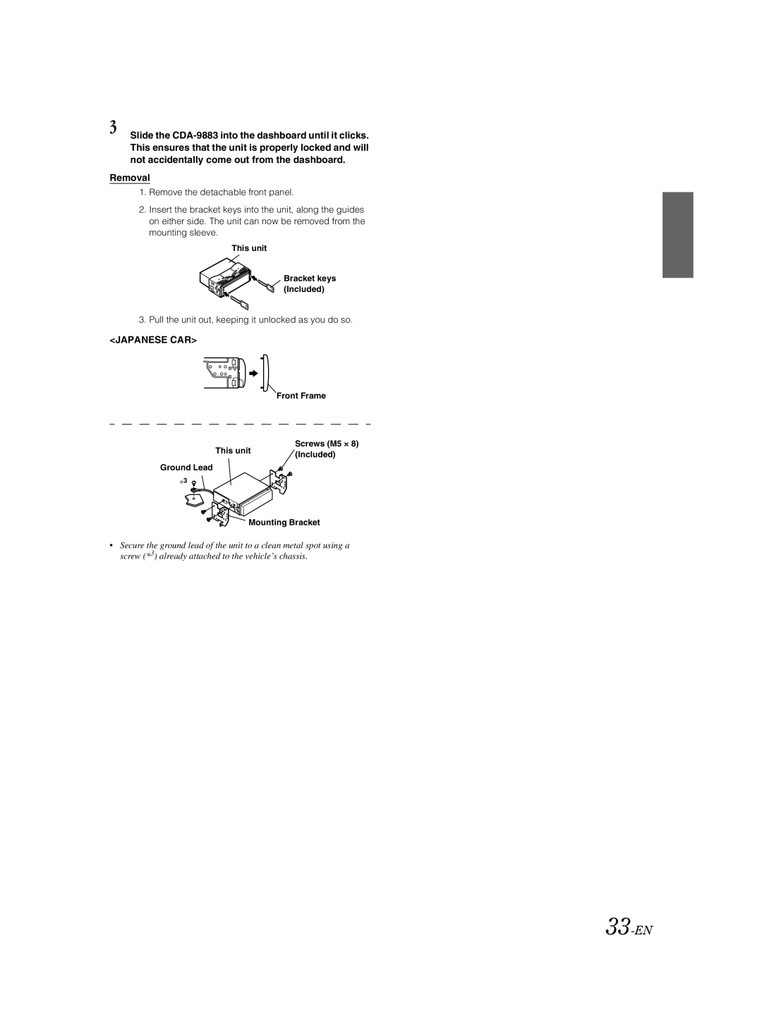 Alpine CDA-9883 owner manual 33-EN, Removal, Pull the unit out, keeping it unlocked as you do so 