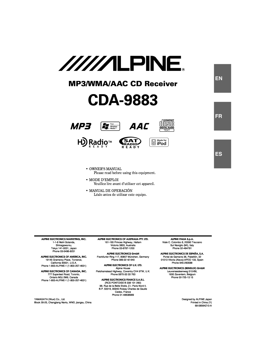 Alpine CDA-9883 owner manual MP3/WMA/AAC CD Receiver, Fr Es 