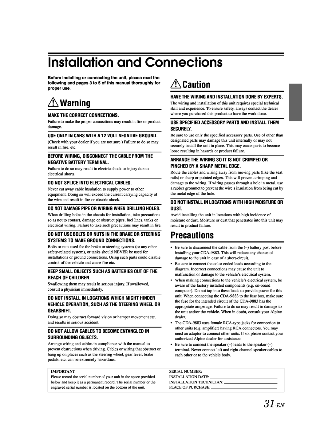 Alpine CDA-9883 owner manual Installation and Connections, Precautions, 31-EN 