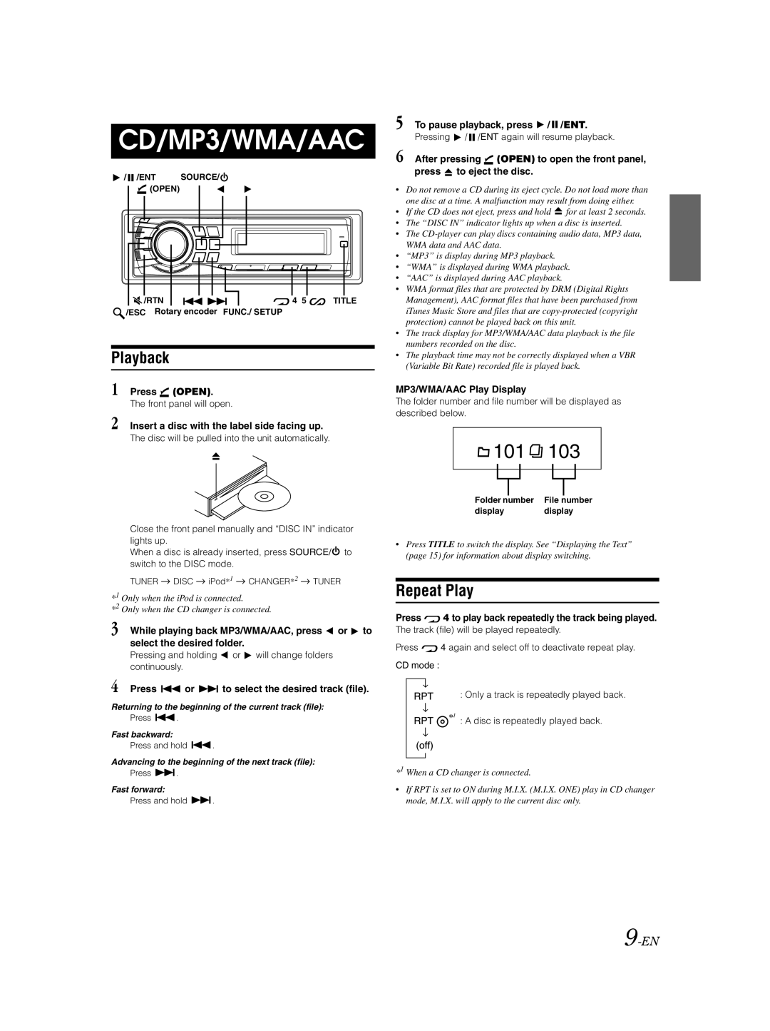 Alpine CDA-9883E owner manual Playback, Repeat Play 