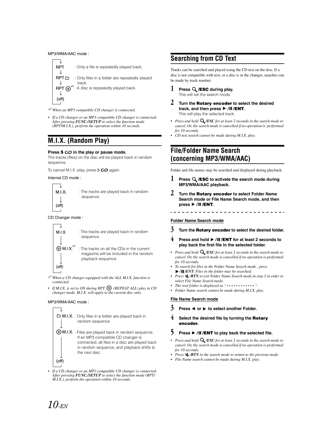 Alpine CDA-9883E X. Random Play, Searching from CD Text, 10-EN, Press 5 in the play or pause mode, Press /ESC during play 