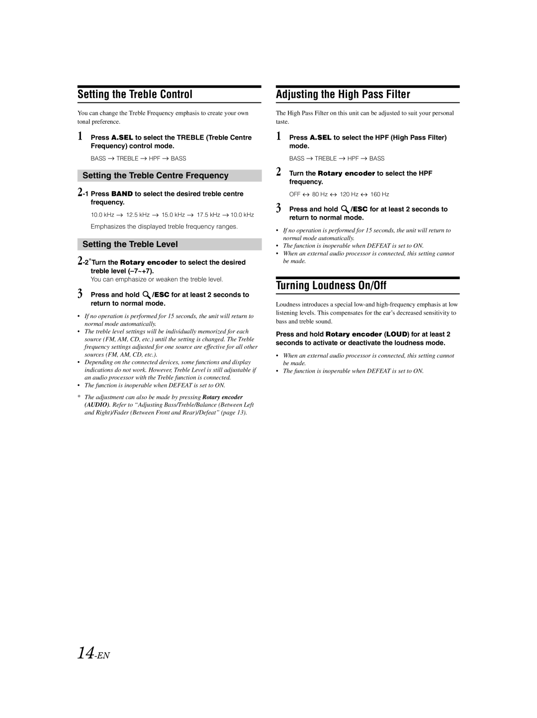 Alpine CDA-9883E owner manual Setting the Treble Control, Adjusting the High Pass Filter, Turning Loudness On/Off 