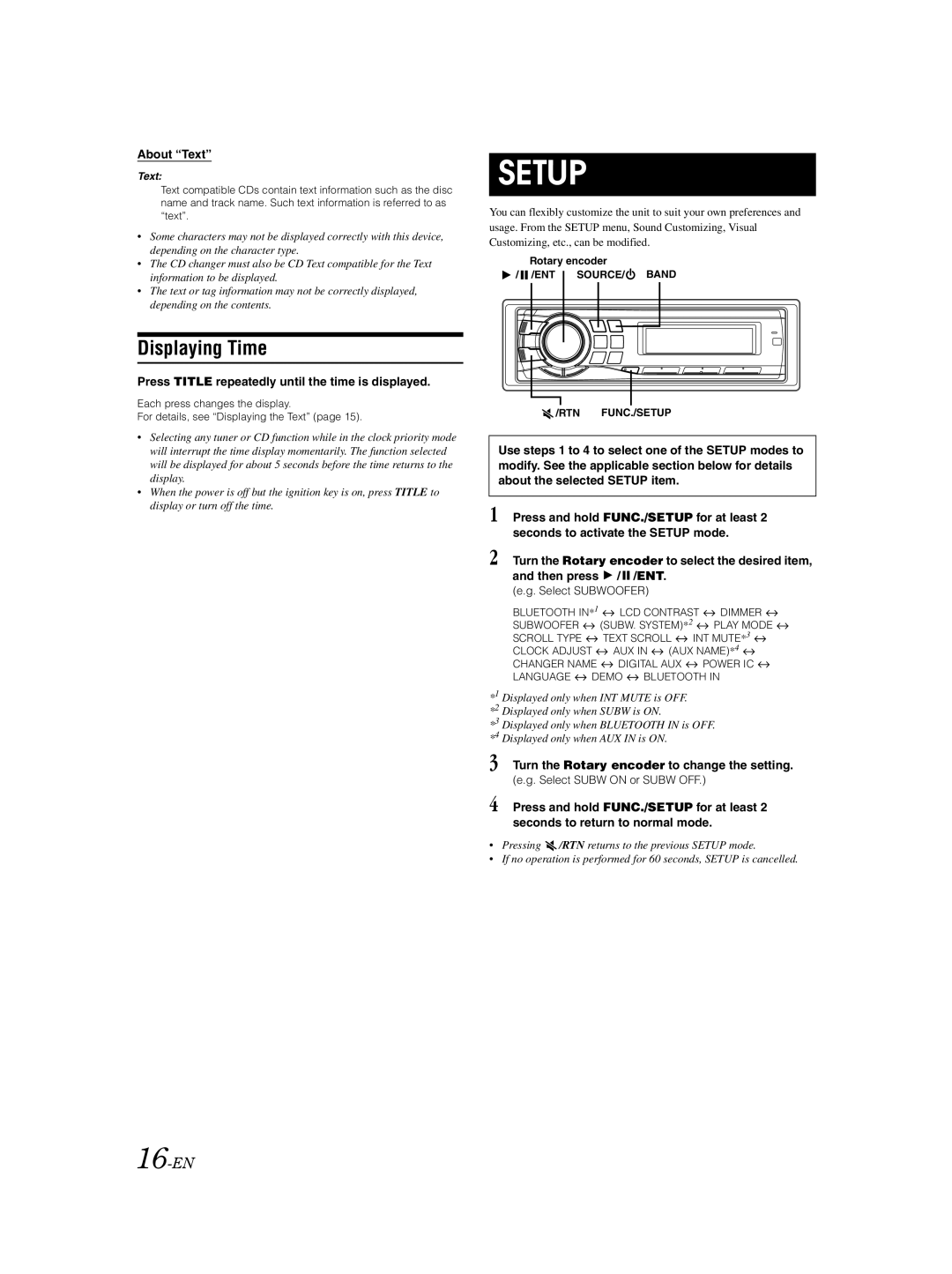 Alpine CDA-9883E owner manual Displaying Time, 16-EN, About Text, Press Title repeatedly until the time is displayed 