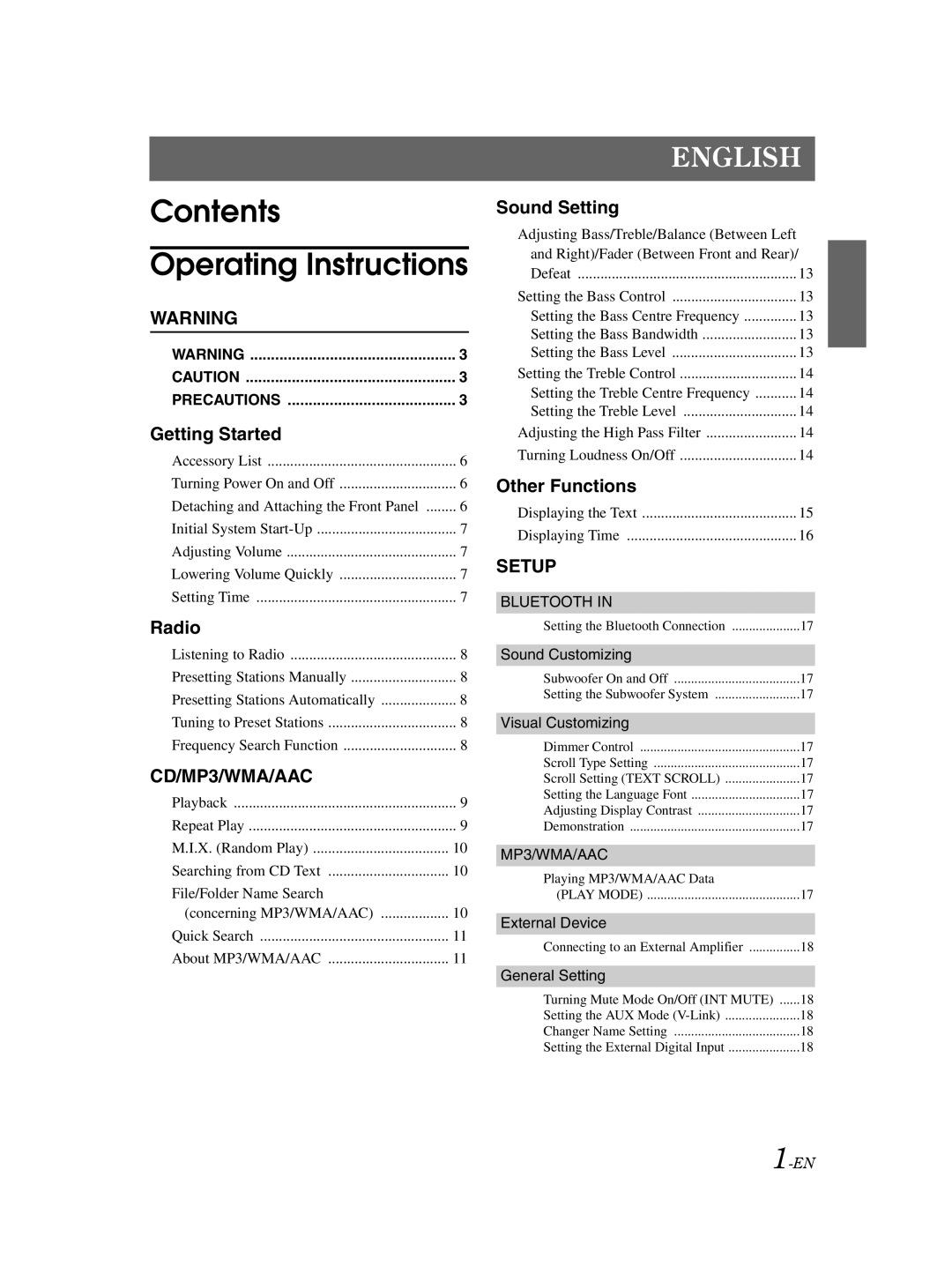 Alpine CDA-9883E owner manual Contents Operating Instructions 