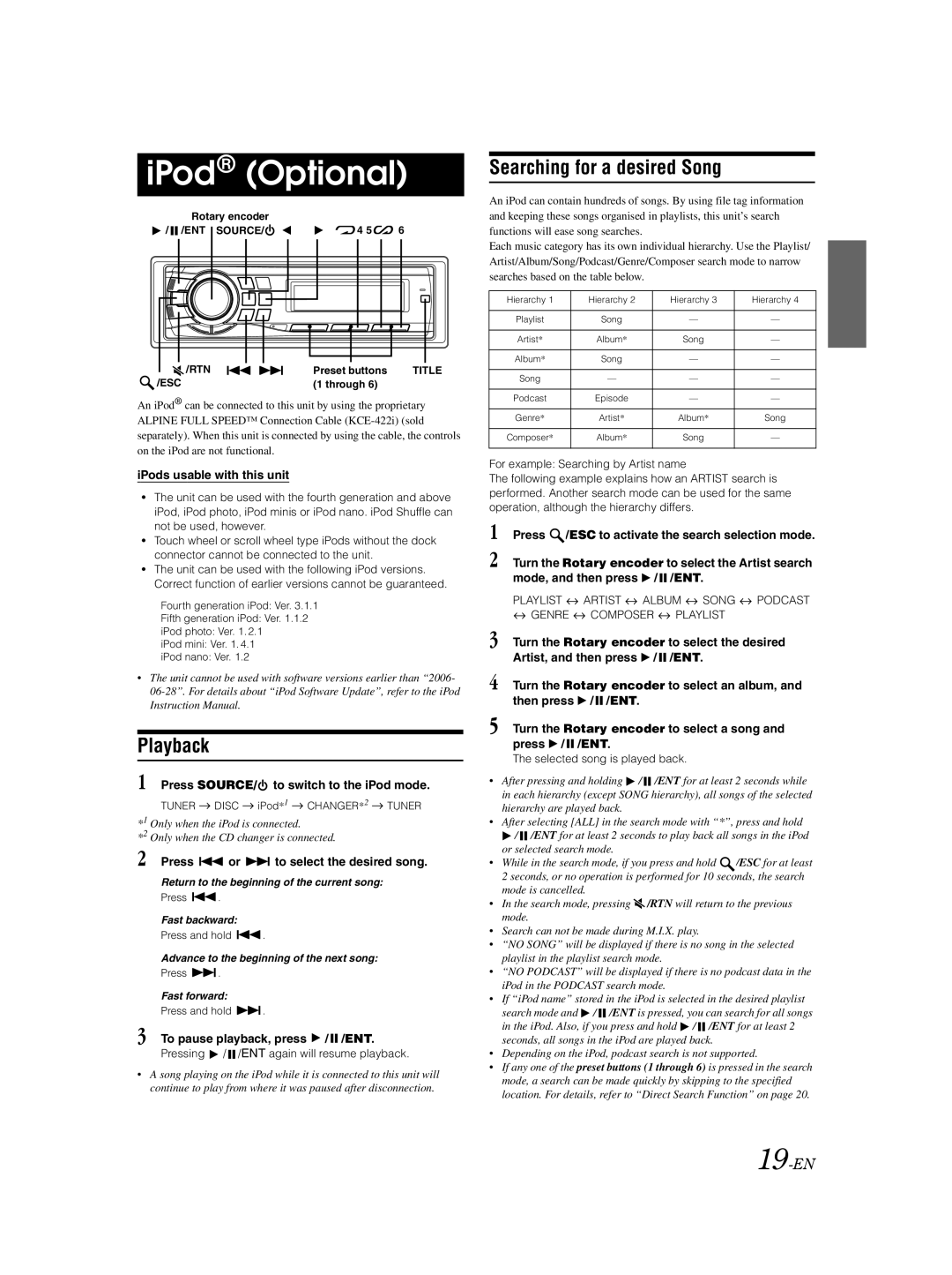 Alpine CDA-9883E owner manual IPod Optional, Searching for a desired Song, 19-EN 