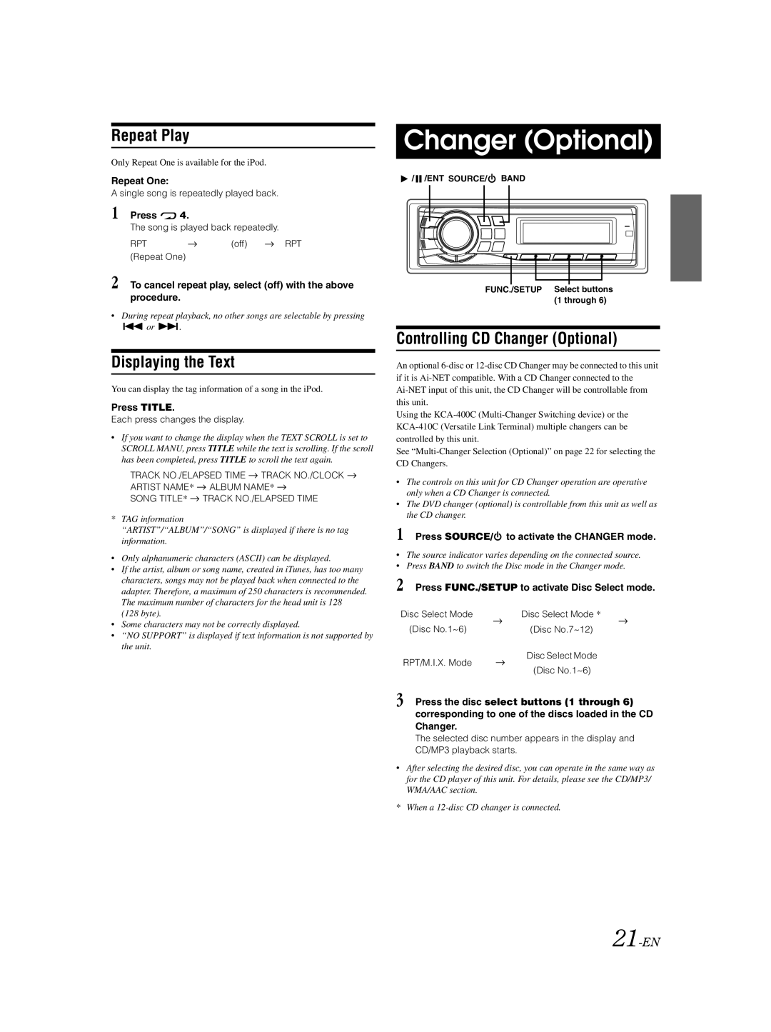 Alpine CDA-9883E owner manual Controlling CD Changer Optional, 21-EN 