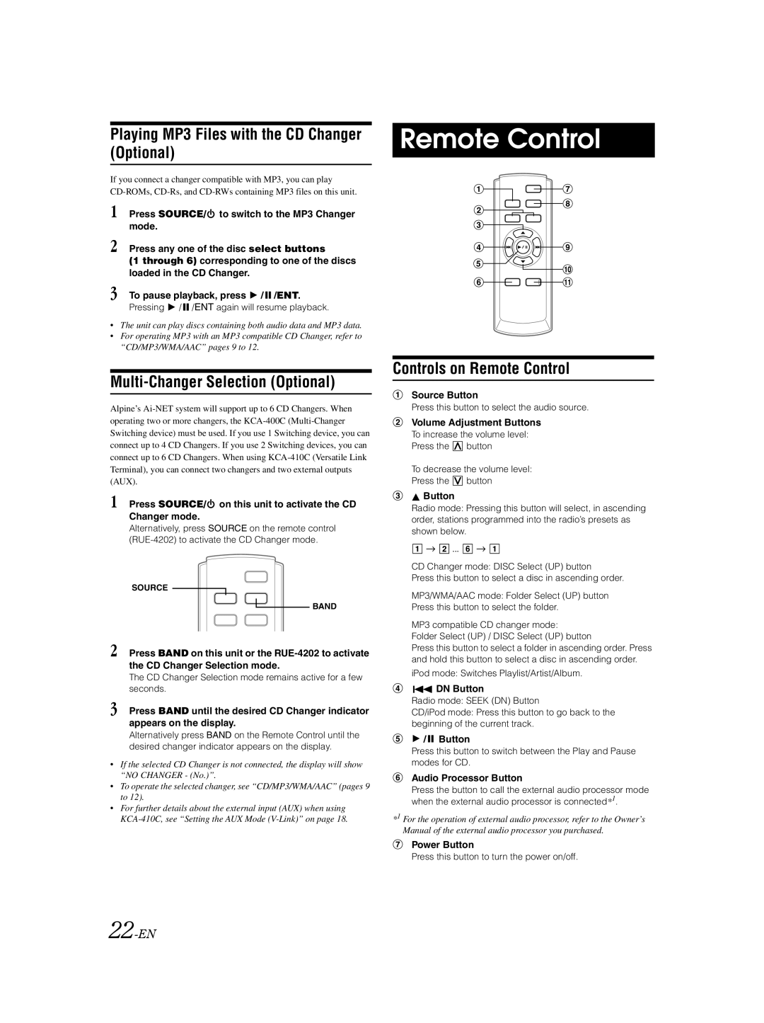 Alpine CDA-9883E Remote Control, Playing MP3 Files with the CD Changer Optional, Multi-Changer Selection Optional, 22-EN 
