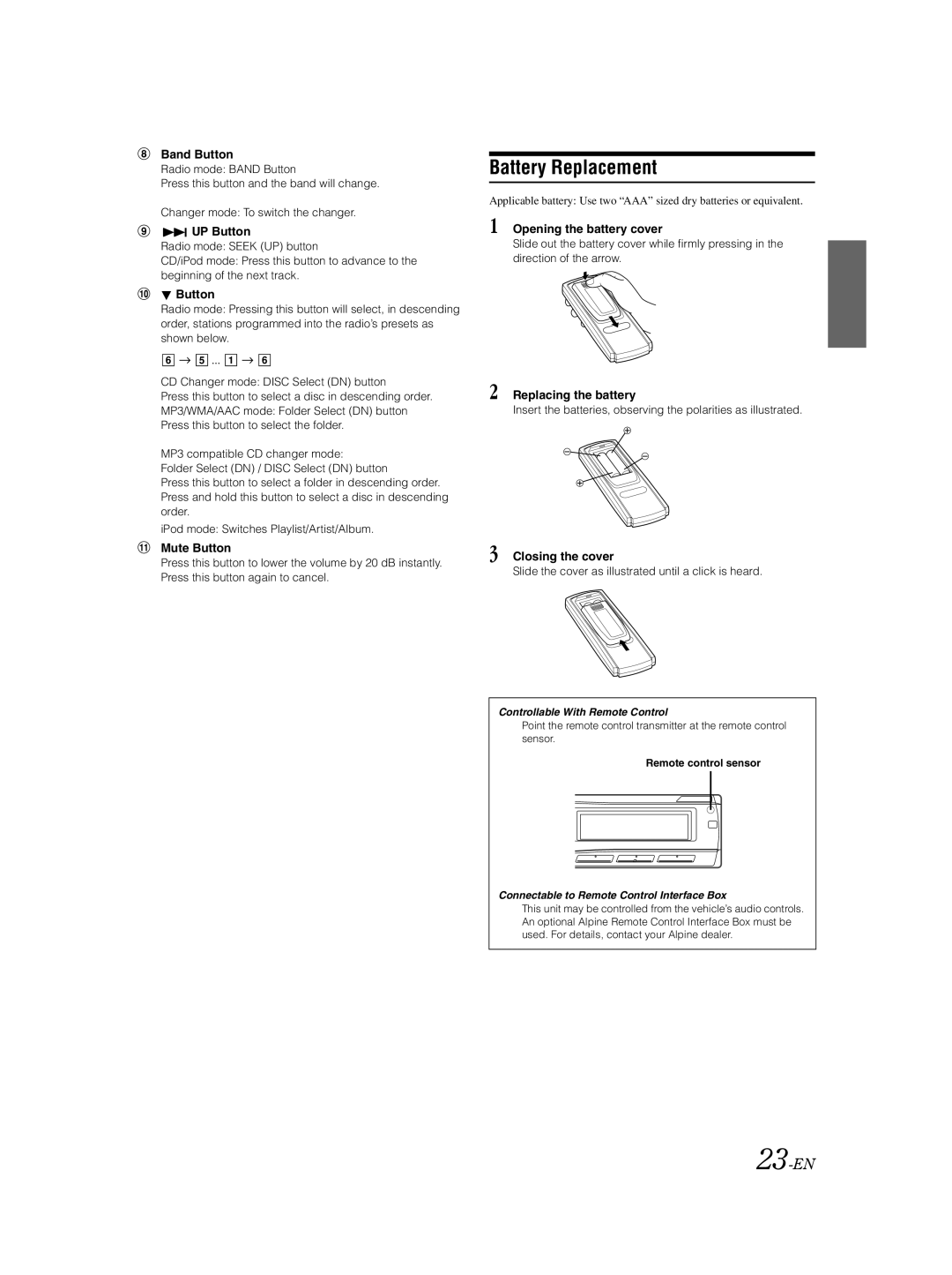 Alpine CDA-9883E owner manual Battery Replacement, 23-EN 