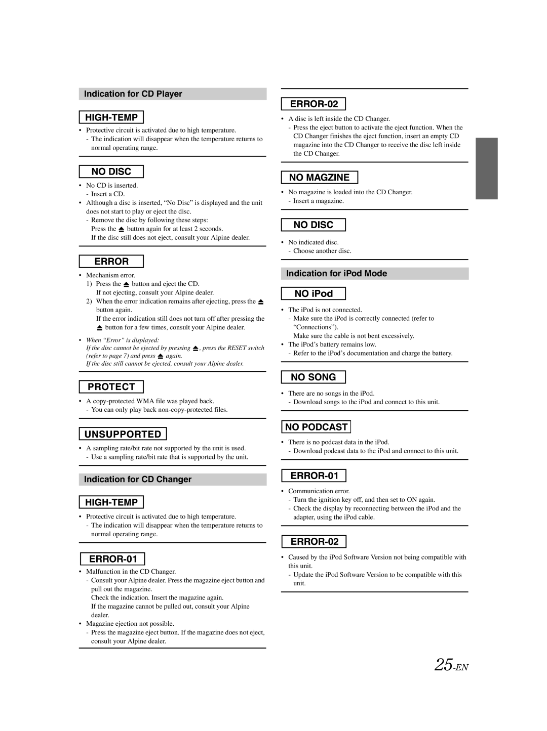 Alpine CDA-9883E owner manual Indication for CD Player, Indication for iPod Mode, Indication for CD Changer, 25-EN 