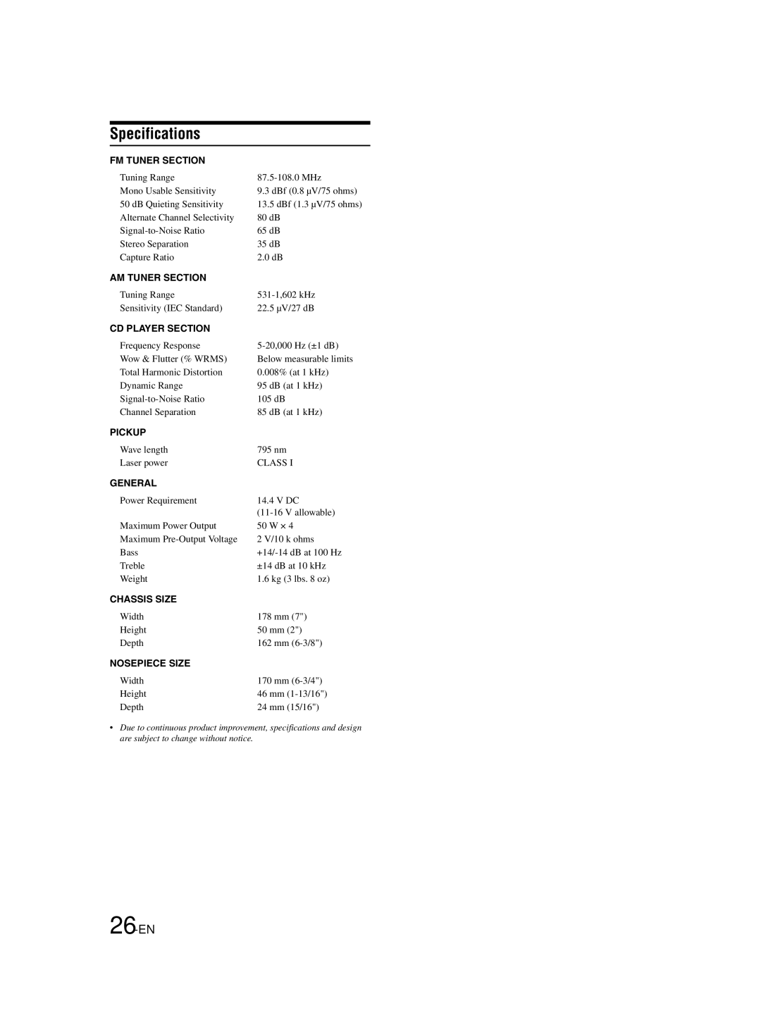 Alpine CDA-9883E owner manual Specifications, 26-EN 