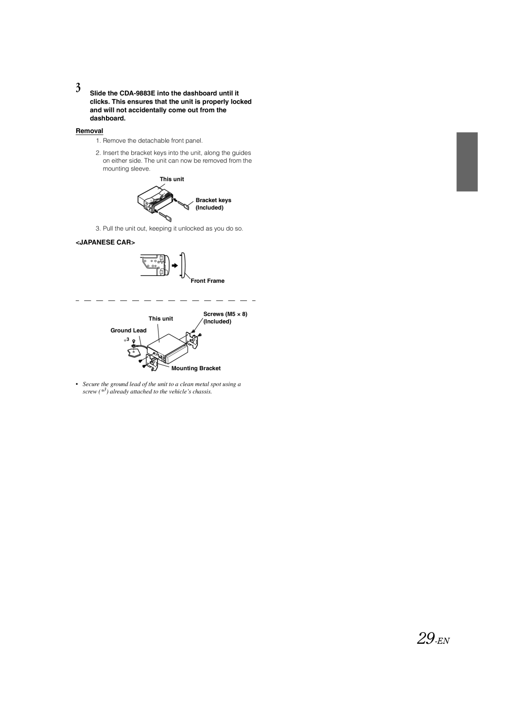 Alpine CDA-9883E owner manual 29-EN, Pull the unit out, keeping it unlocked as you do so 