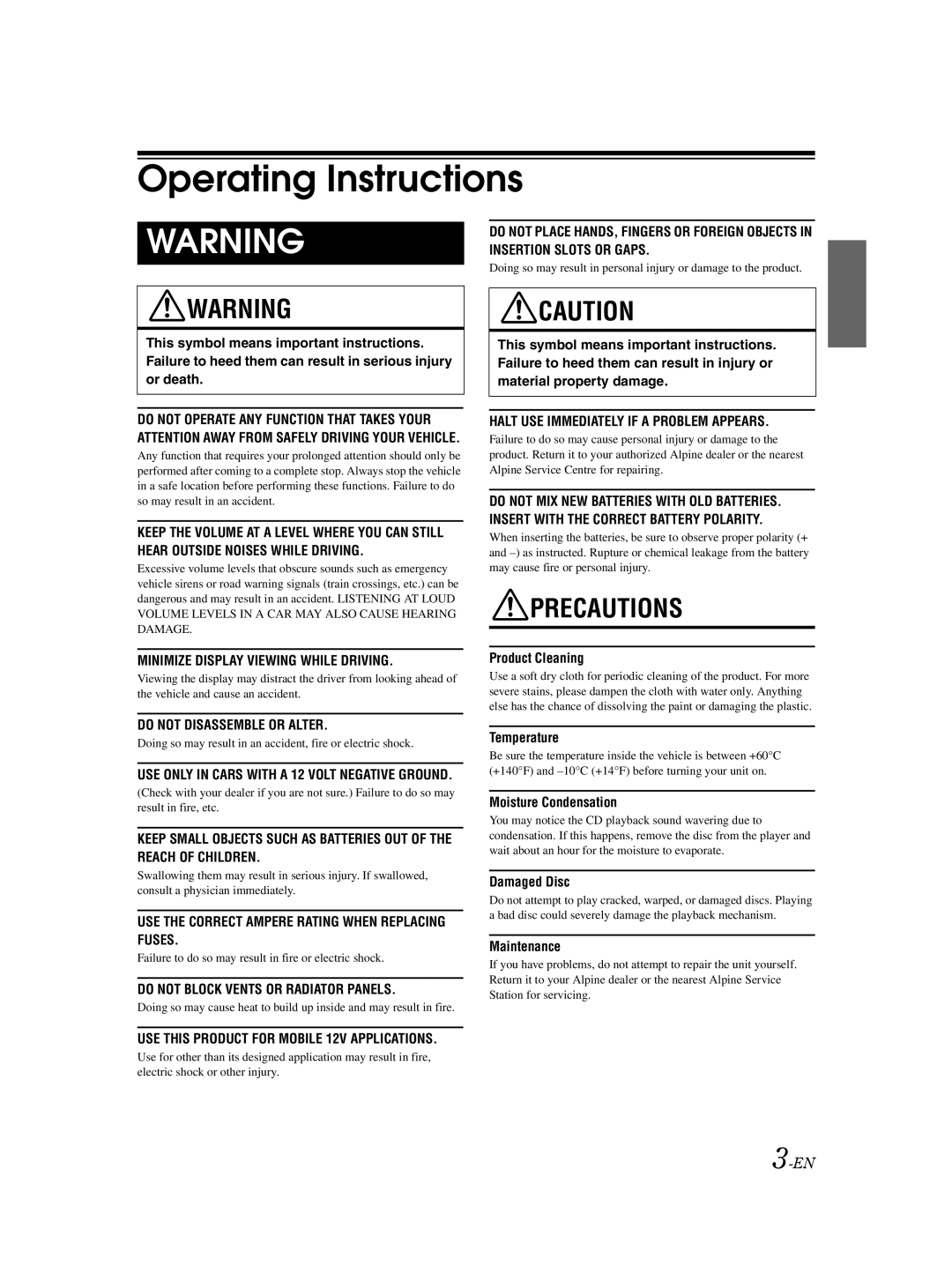 Alpine CDA-9883E owner manual Operating Instructions 