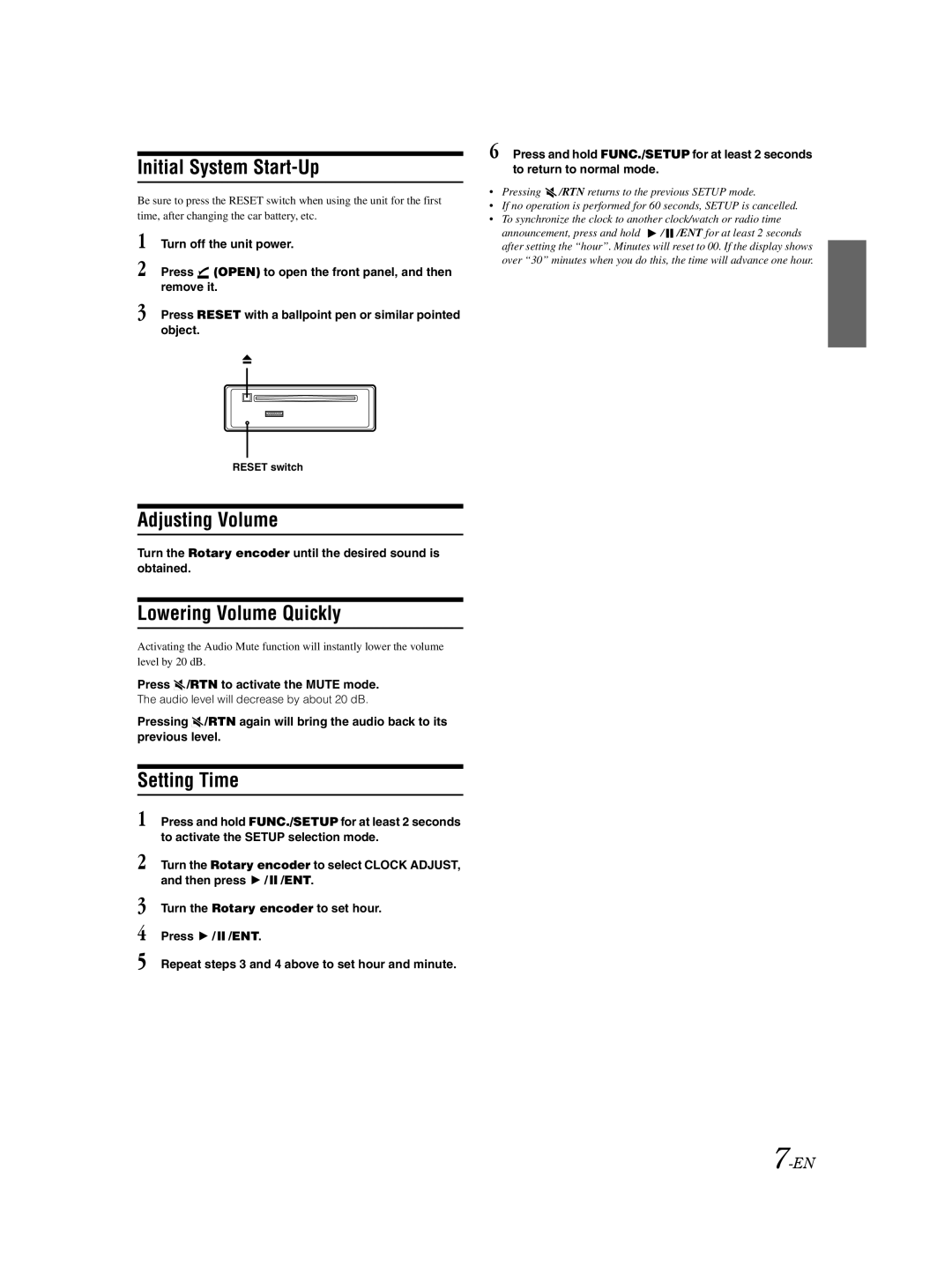 Alpine CDA-9883E owner manual Initial System Start-Up, Adjusting Volume, Lowering Volume Quickly, Setting Time 