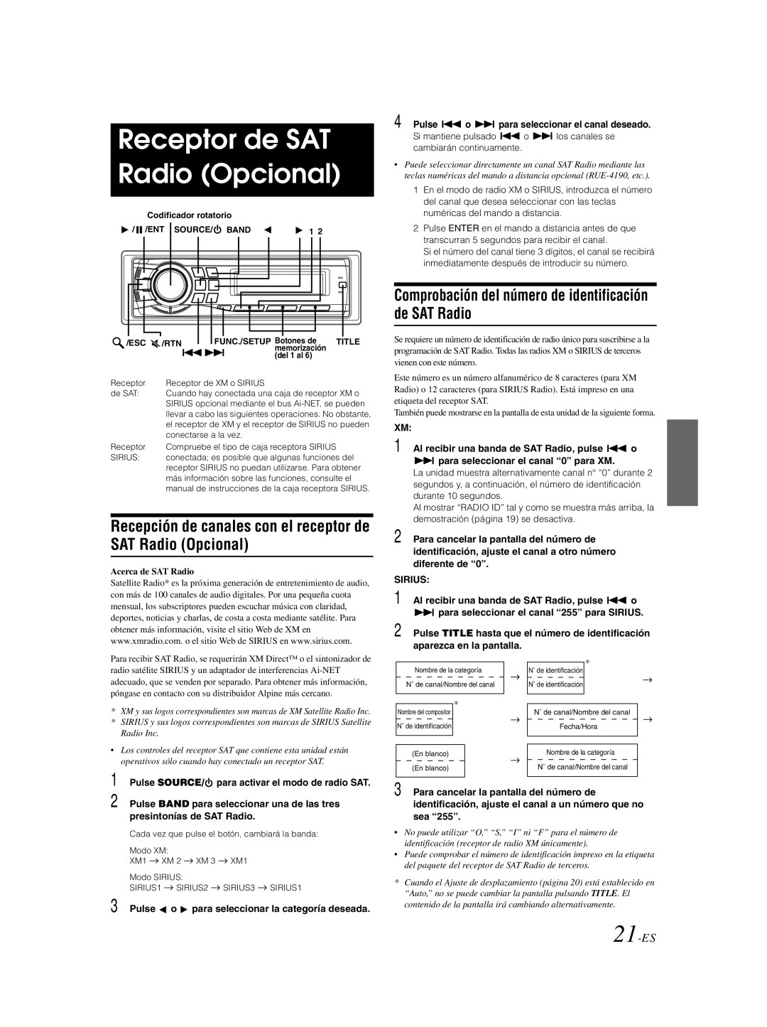 Alpine CDA-9885 Receptor de SAT Radio Opcional, Recepción de canales con el receptor de SAT Radio Opcional, 21-ES 