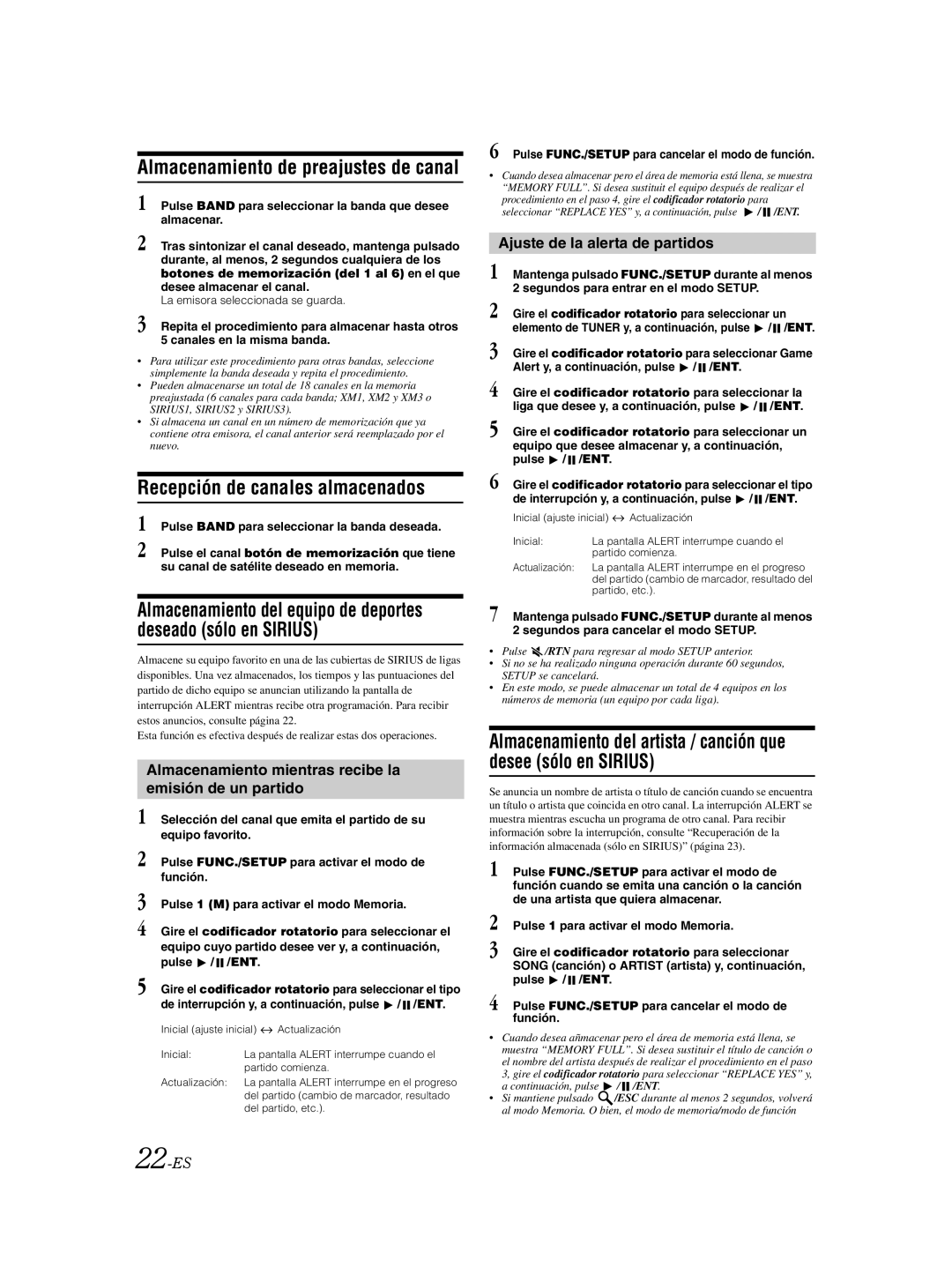 Alpine CDA-9885 Almacenamiento de preajustes de canal, Recepción de canales almacenados, Ajuste de la alerta de partidos 