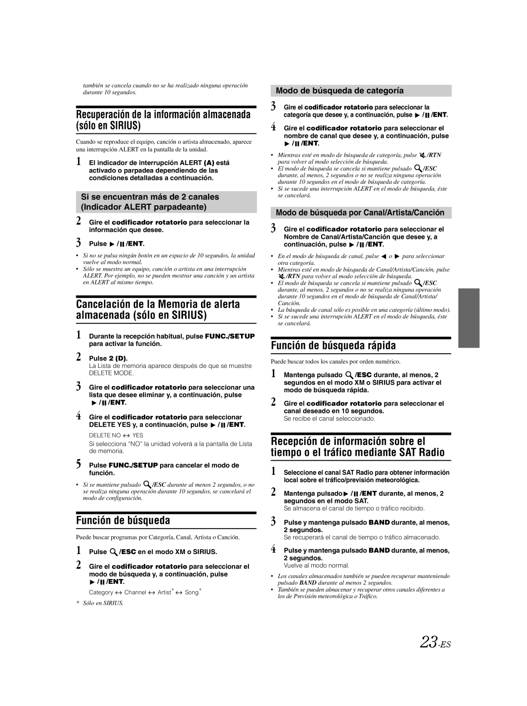 Alpine CDA-9885 owner manual Recuperación de la información almacenada sólo en Sirius, Función de búsqueda rápida 