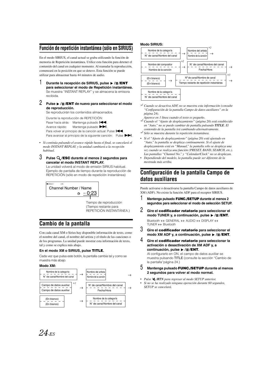 Alpine CDA-9885 owner manual Cambio de la pantalla, Configuración de la pantalla Campo de datos auxiliares, 24-ES 