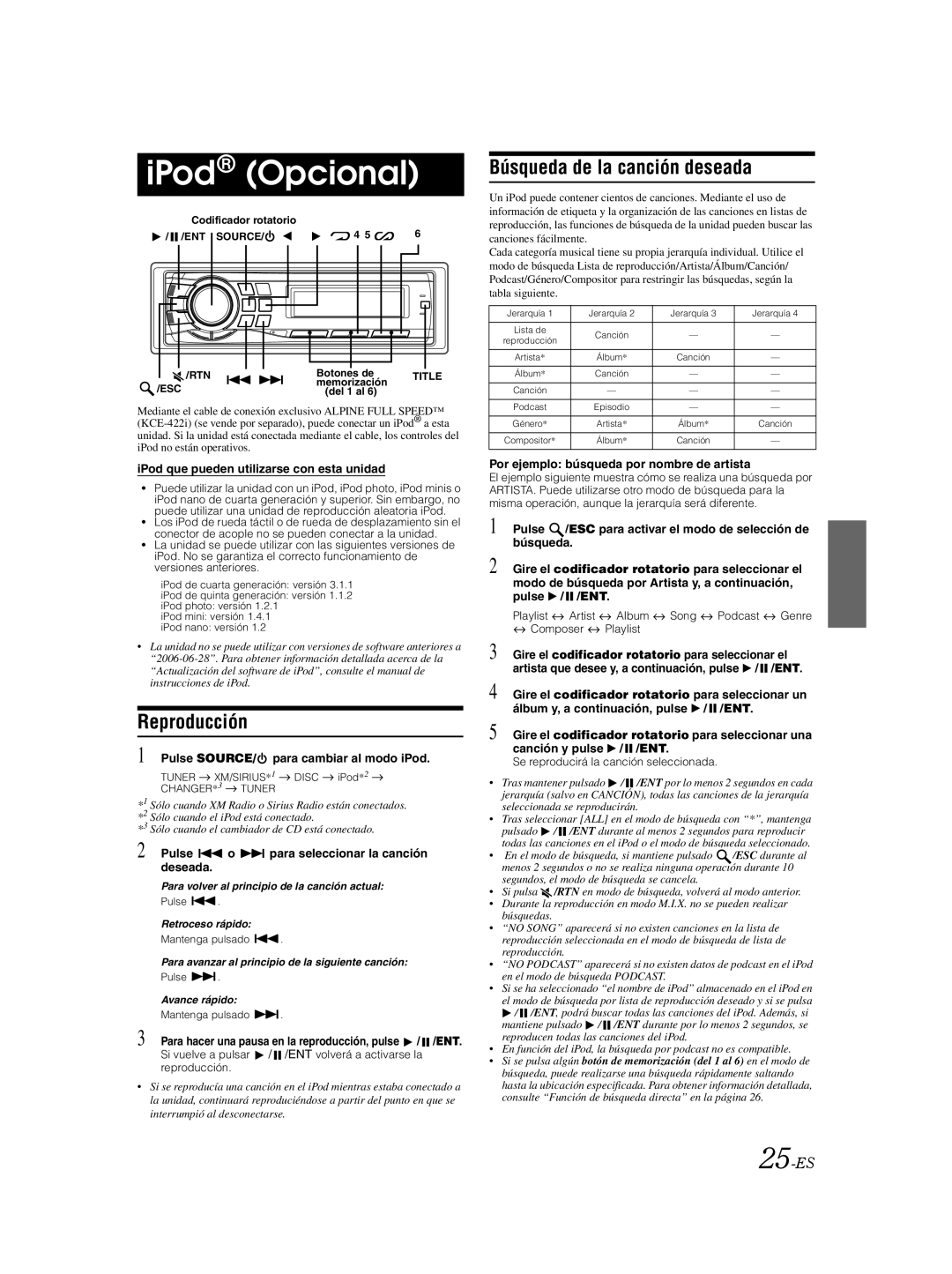 Alpine CDA-9885 owner manual IPod Opcional, Búsqueda de la canción deseada, 25-ES 