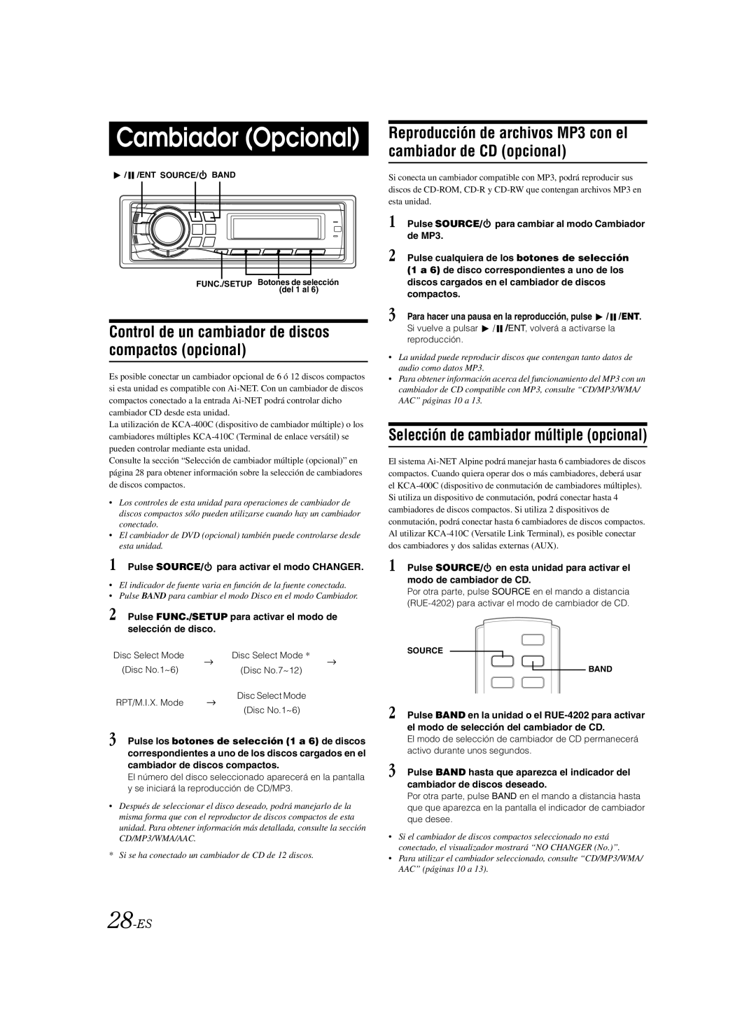 Alpine CDA-9885 owner manual Cambiador Opcional, Control de un cambiador de discos compactos opcional, 28-ES, Reproducción 