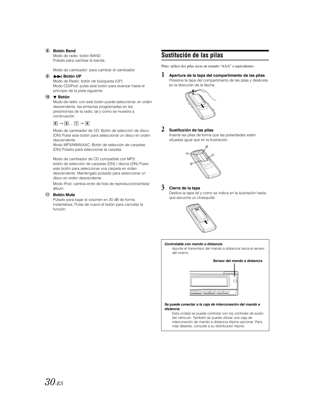 Alpine CDA-9885 owner manual Sustitución de las pilas, 30-ES 