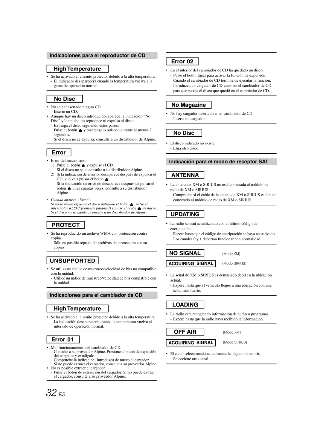 Alpine CDA-9885 owner manual Indicaciones para el reproductor de CD, Indicaciones para el cambiador de CD, 32-ES 