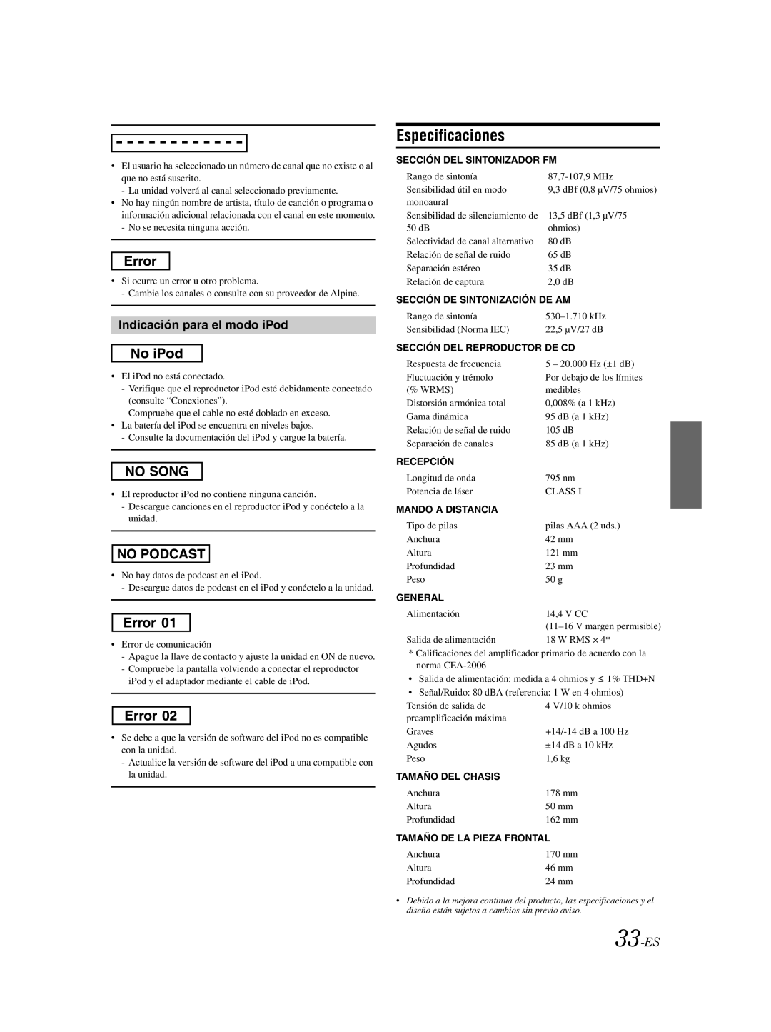 Alpine CDA-9885 owner manual Especificaciones, Indicación para el modo iPod, 33-ES 