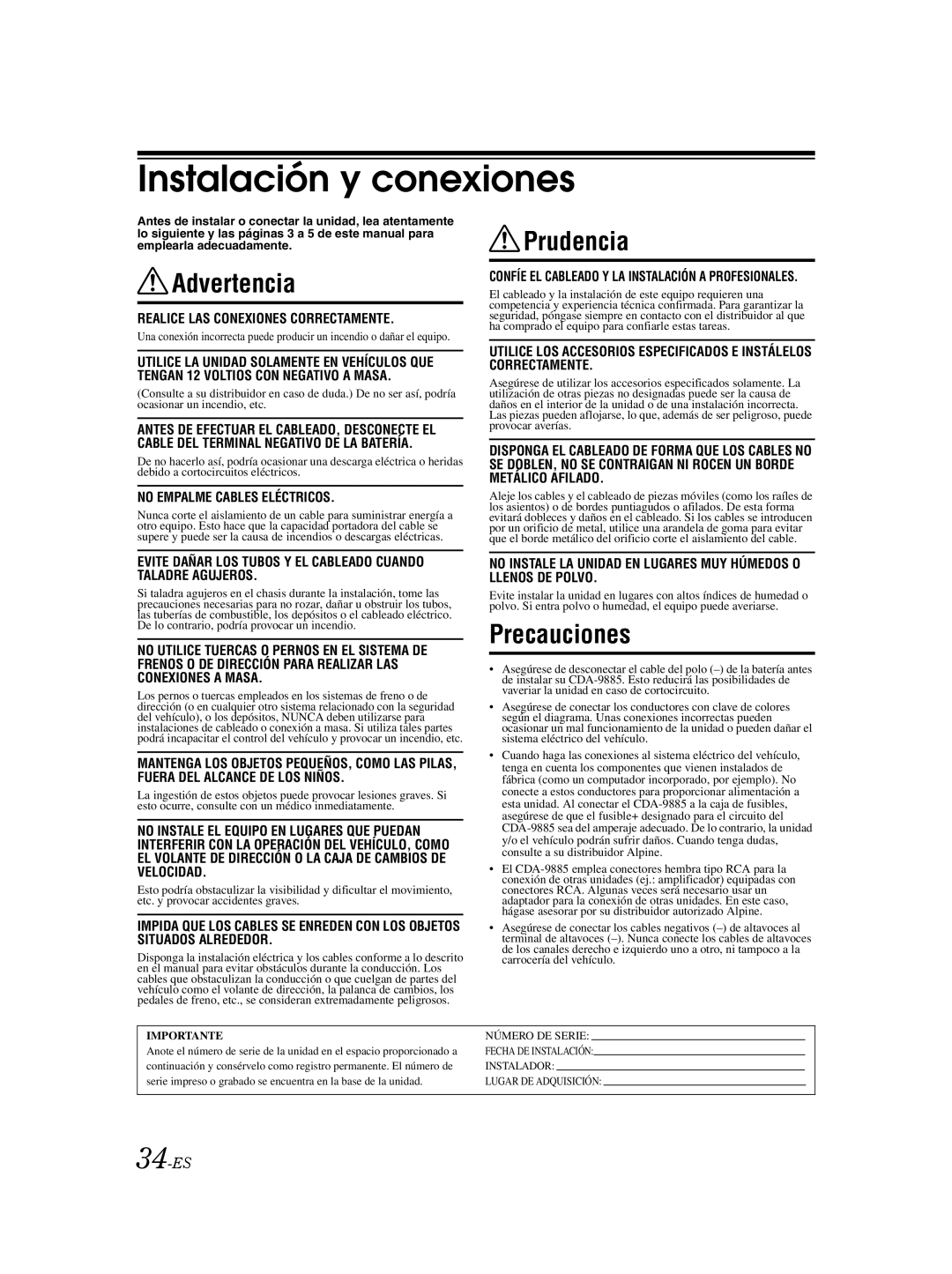 Alpine CDA-9885 owner manual 34-ES, Confíe EL Cableado Y LA Instalación a Profesionales 