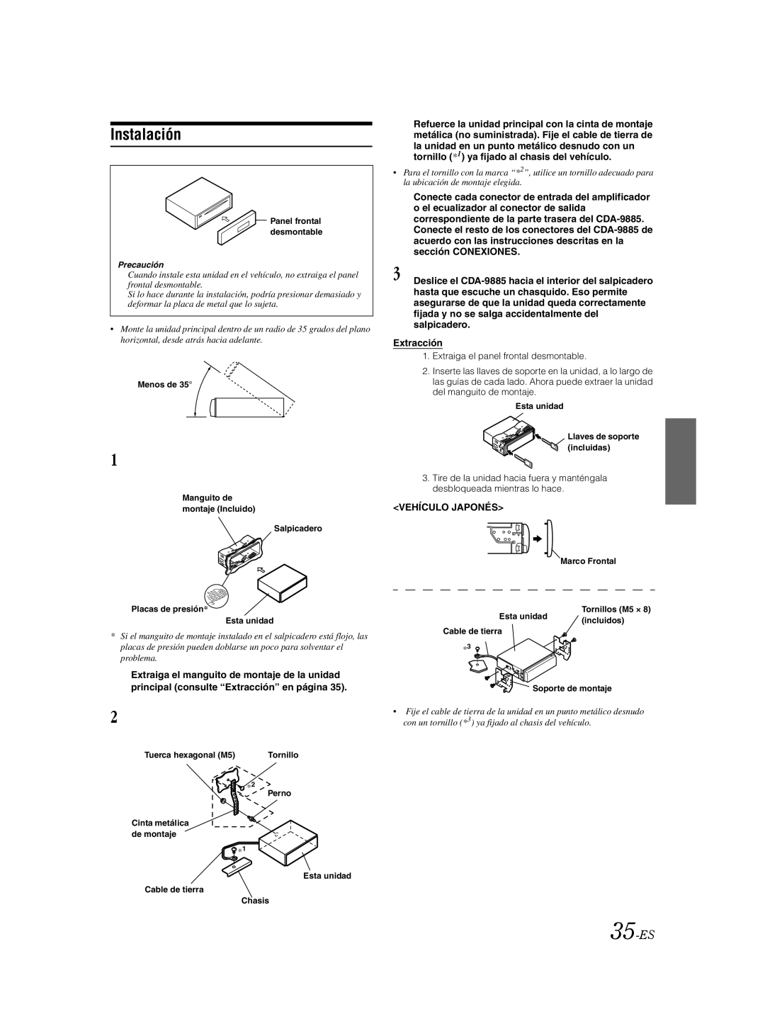 Alpine CDA-9885 owner manual Instalación, 35-ES, Extracción, Vehículo Japonés, Precaución 