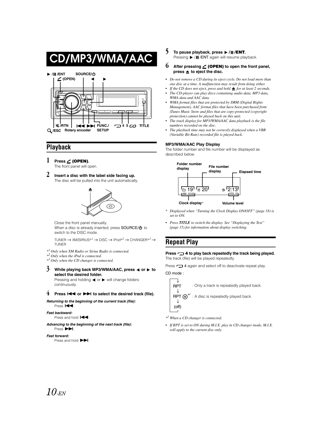 Alpine CDA-9885 owner manual Playback, Repeat Play, 10-EN 