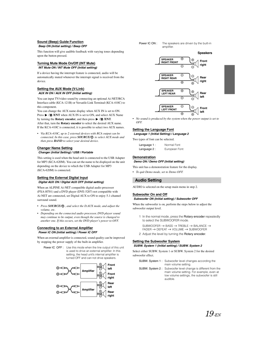 Alpine CDA-9885 owner manual Audio Setting, 19-EN 