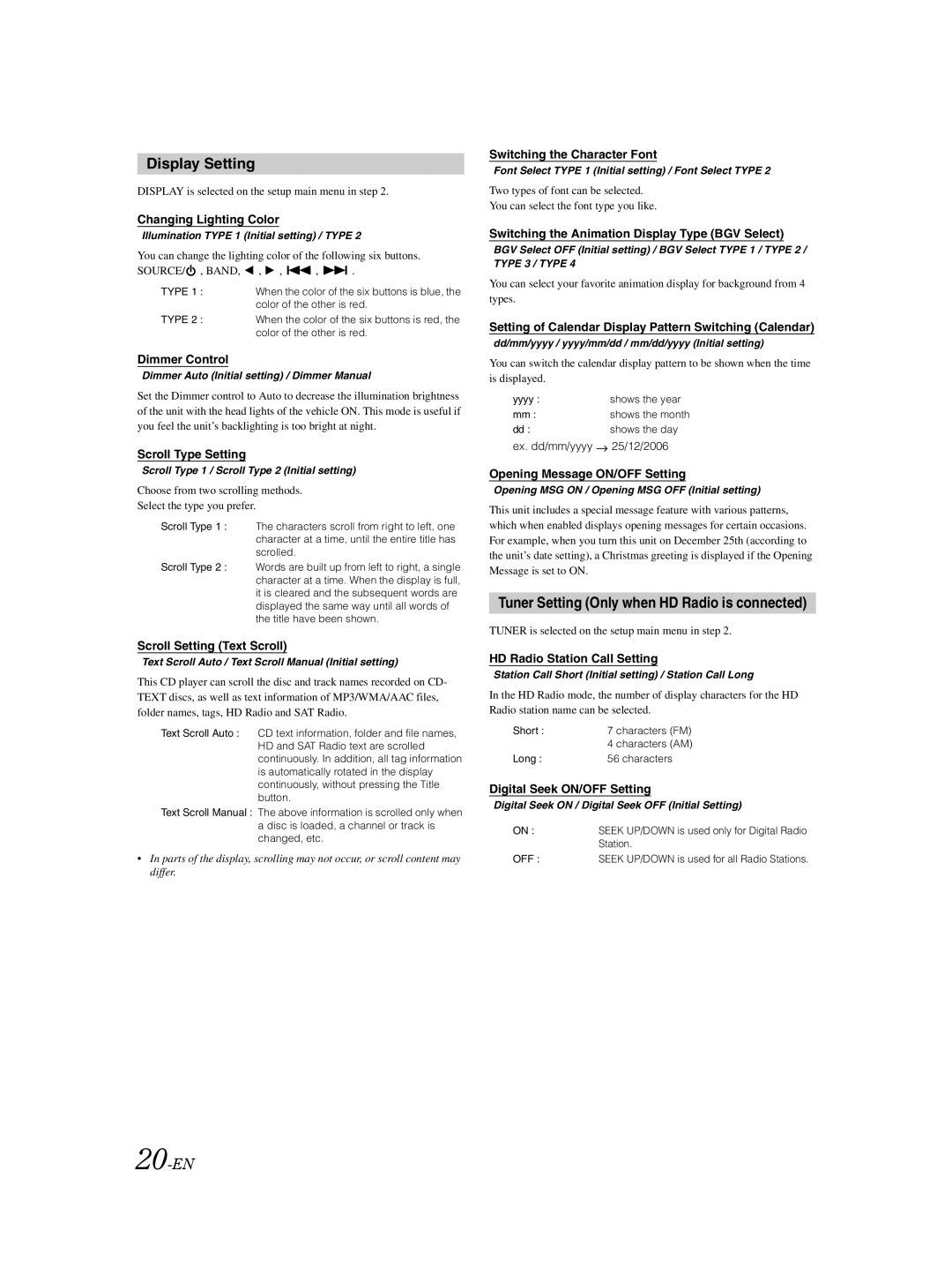 Alpine CDA-9885 owner manual Display Setting, Tuner Setting Only when HD Radio is connected, 20-EN 