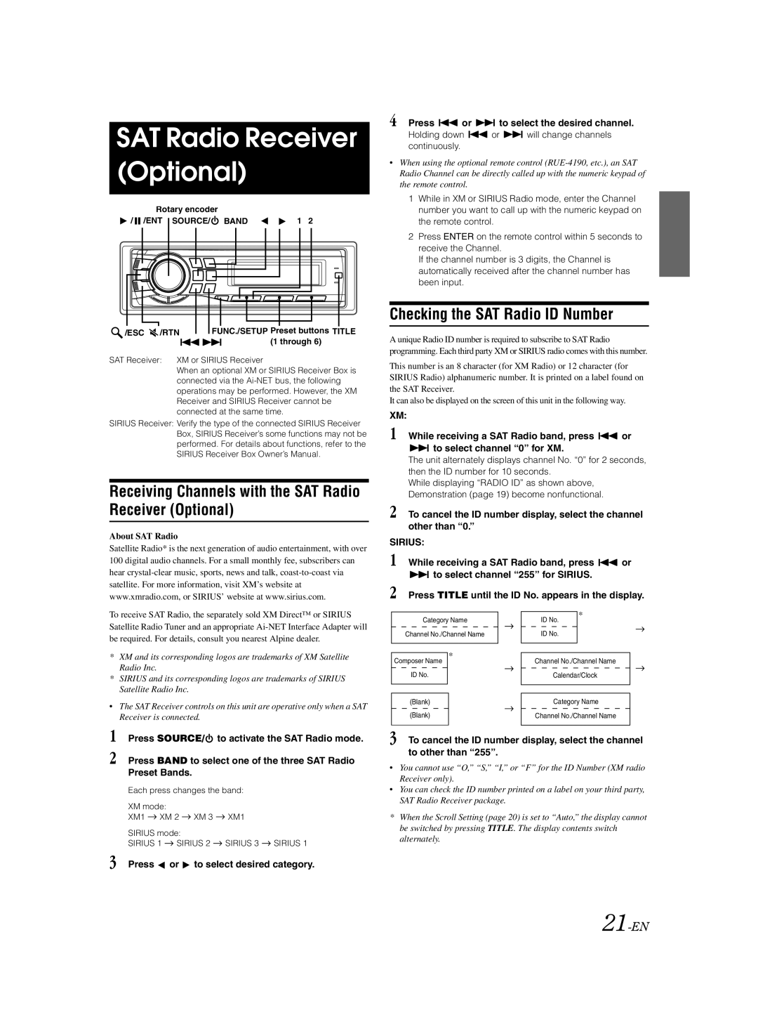 Alpine CDA-9885 Receiving Channels with the SAT Radio Receiver Optional, Checking the SAT Radio ID Number, 21-EN 