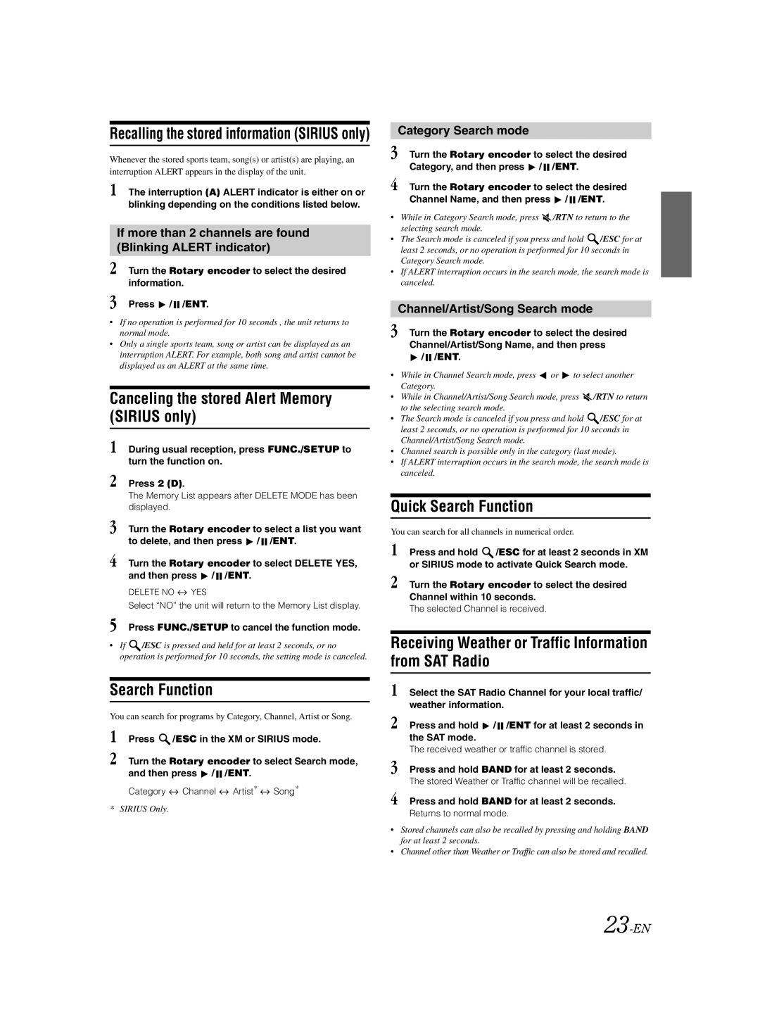 Alpine CDA-9885 owner manual Canceling the stored Alert Memory Sirius only, Quick Search Function 