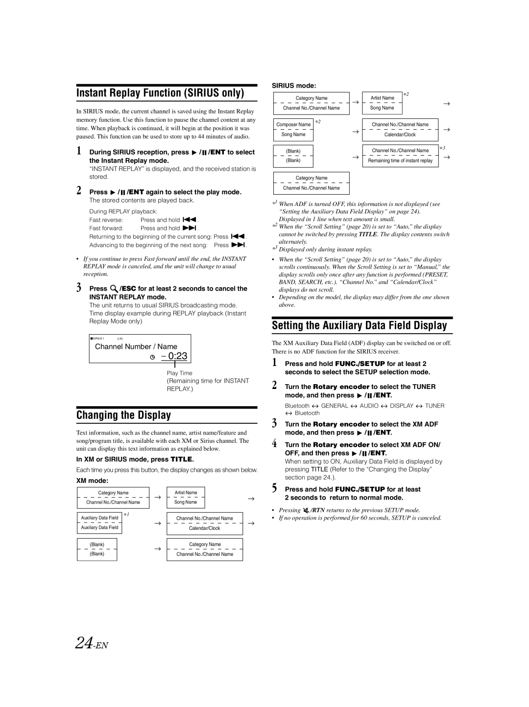 Alpine CDA-9885 Instant Replay Function Sirius only, Changing the Display, Setting the Auxiliary Data Field Display, 24-EN 