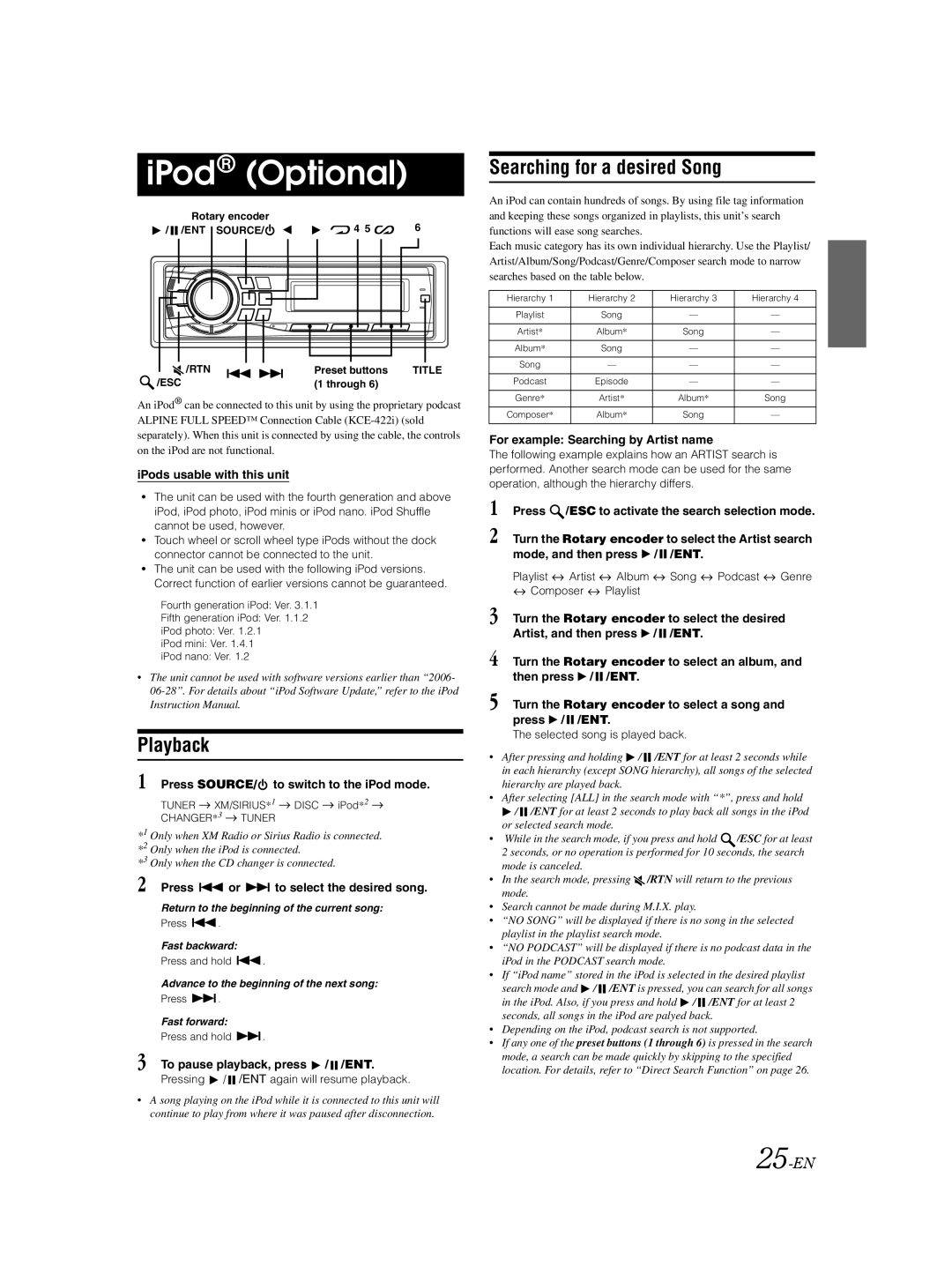 Alpine CDA-9885 owner manual IPod Optional, Searching for a desired Song, 25-EN 