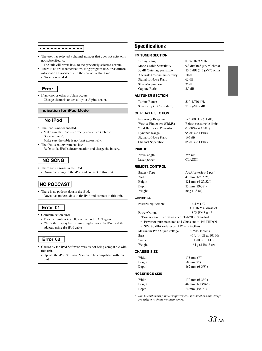 Alpine CDA-9885 owner manual Specifications, Indication for iPod Mode, 33-EN 