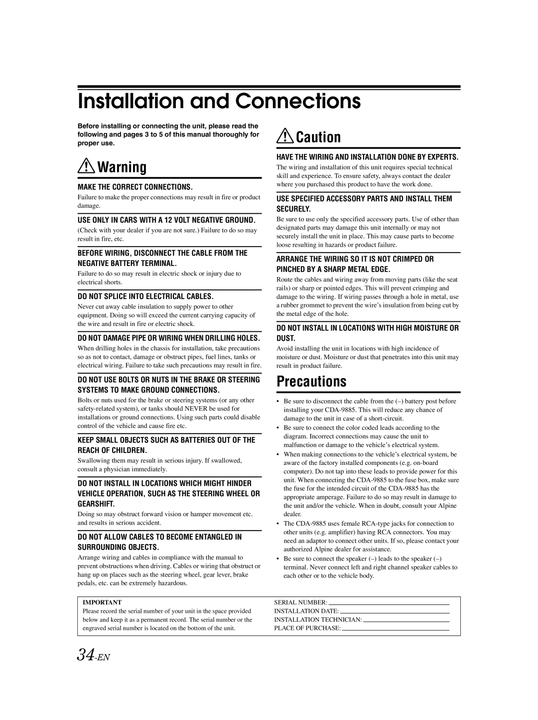 Alpine CDA-9885 owner manual 34-EN, Do not Damage Pipe or Wiring When Drilling Holes 