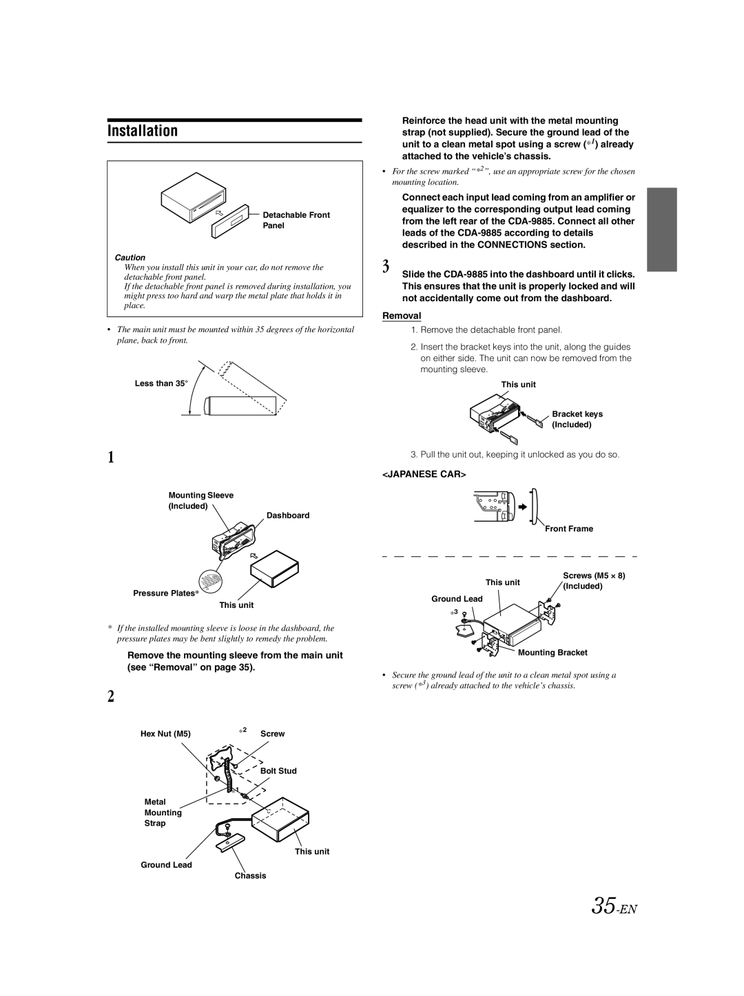 Alpine CDA-9885 Installation, 35-EN, Removal, Japanese CAR, Pull the unit out, keeping it unlocked as you do so 