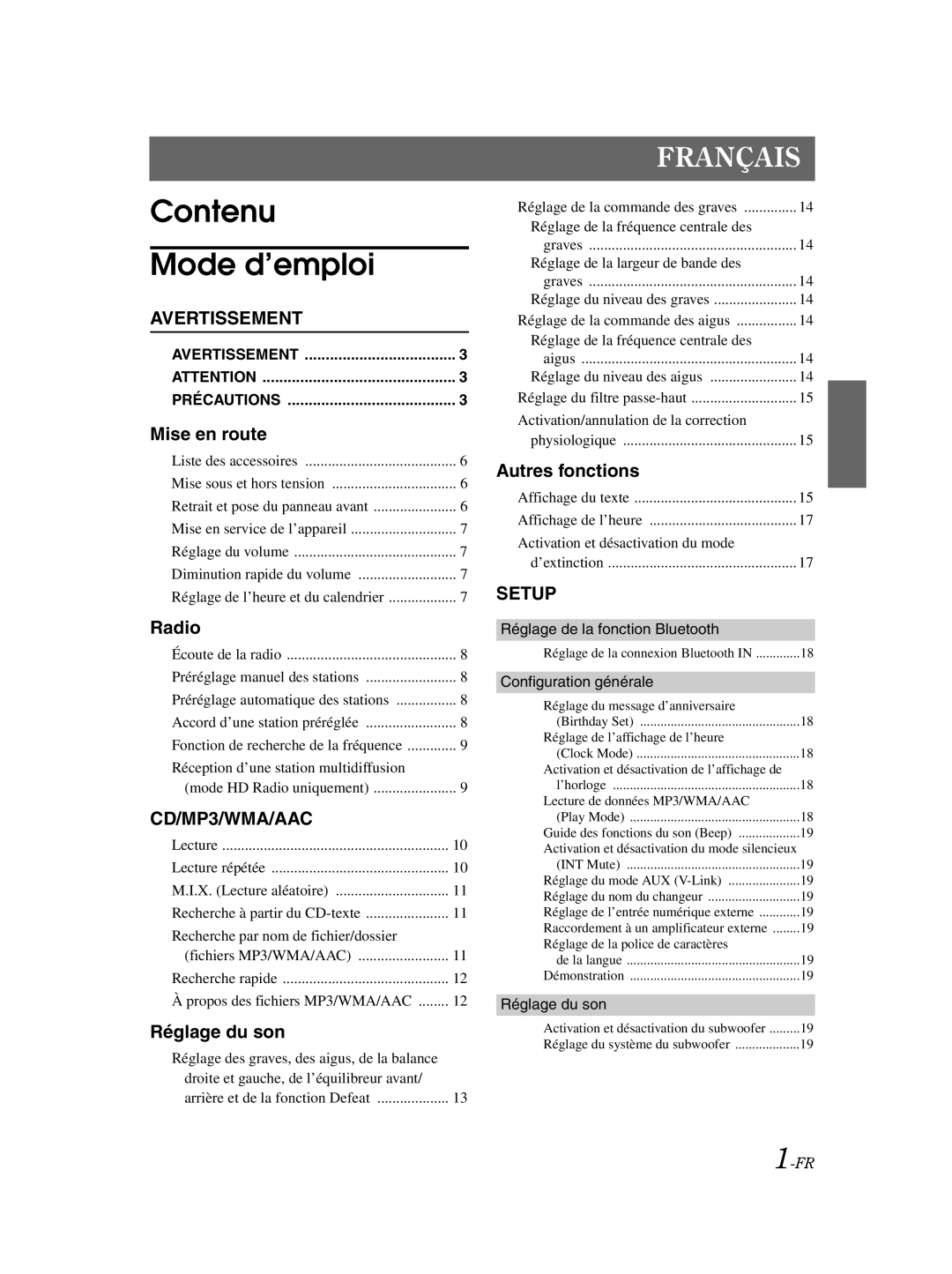 Alpine CDA-9885 owner manual Contenu Mode d’emploi 