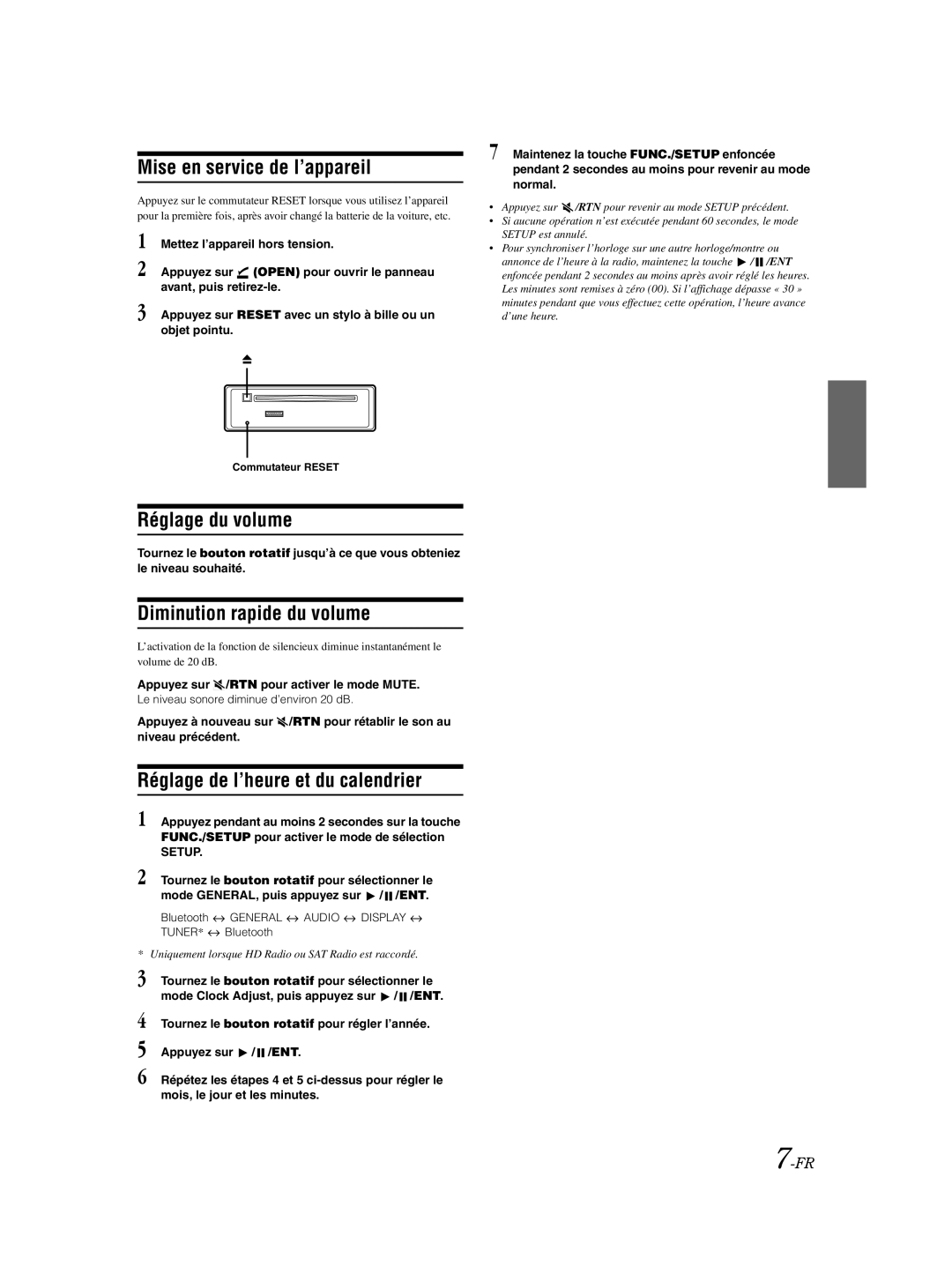 Alpine CDA-9885 owner manual Mise en service de l’appareil, Réglage du volume, Diminution rapide du volume, Setup 